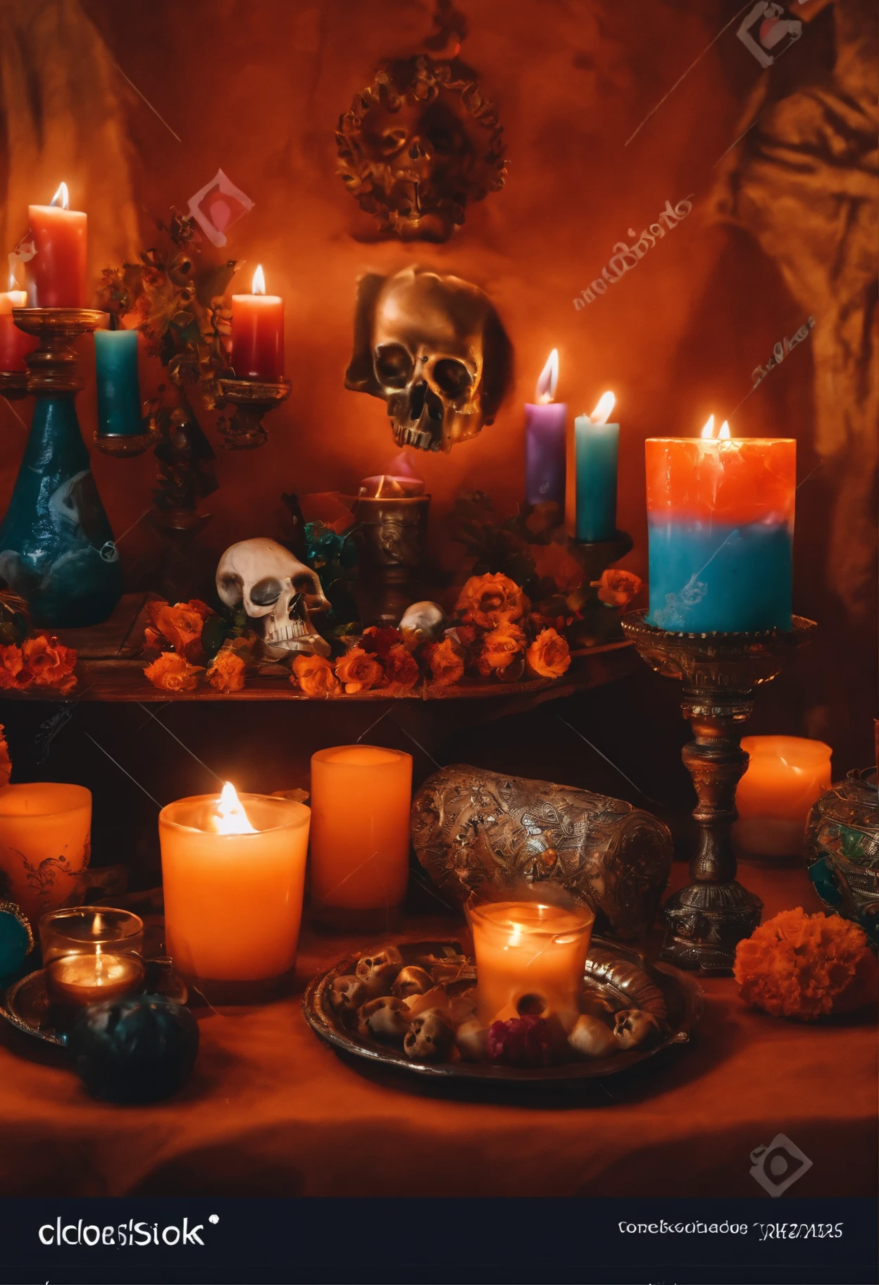 Altar mexicano de dois andares para o dia dos muertos com velas, Skulls and photographs and glasses of drinks Horror mood