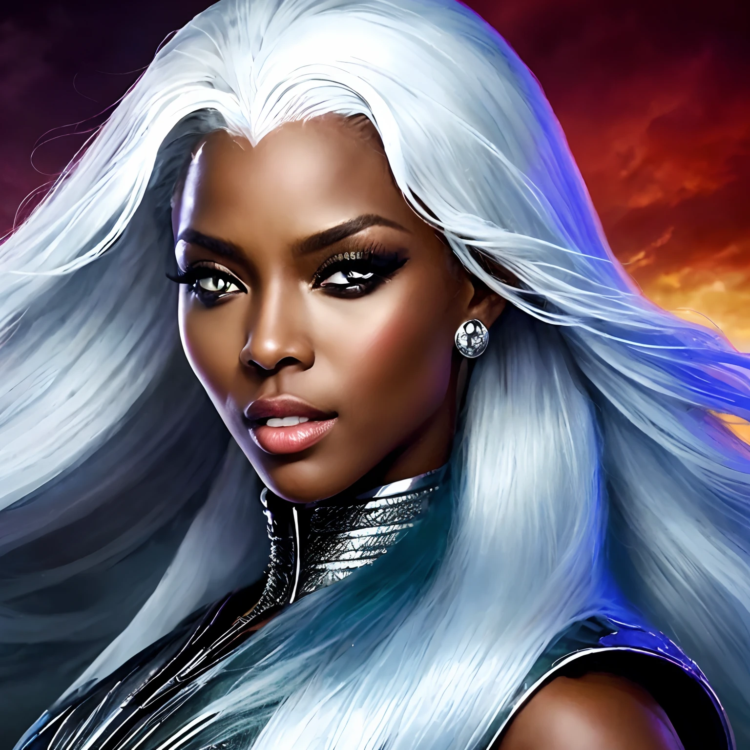 mulher com longos cabelos brancos e um vestido branco, Retrato de Ororo Munroe, Tempestade X-Men, pele escura deusa, epic digital art illustration, epic exquisite character art, Epic portrait illustration, Menina com cabelo branco, Ross | afrofuturismo, stunning digital illustration, arte de personagem impressionante.