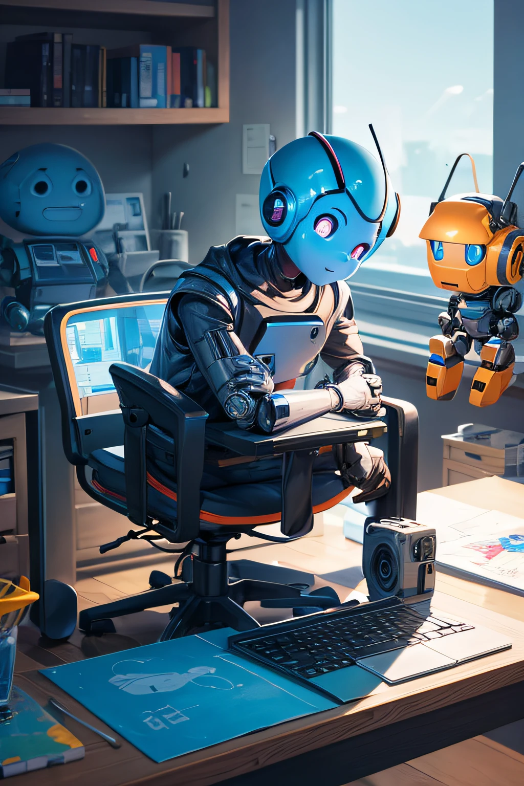 Cartoon of man sitting at desk with robot and laptop, Man Meets Robot, Men and robots, painting digital adorable, adorable friendly robot, mauricio de sousa, cute robot, cute humanoid robot, arte digital detalhada bonito, robot portrait, 2d illustration