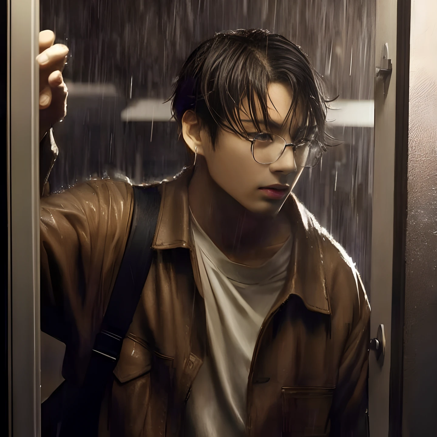 there is a man standing in the rain with a backpack, style of hajime isayama, anime realism style, artwork in the style of guweiz, makoto shinkai. digital render, raining portrait, anime realism, handsome guy in demon slayer art, realistic anime 3 d style, handsome anime pose, realistic anime artstyle, raining