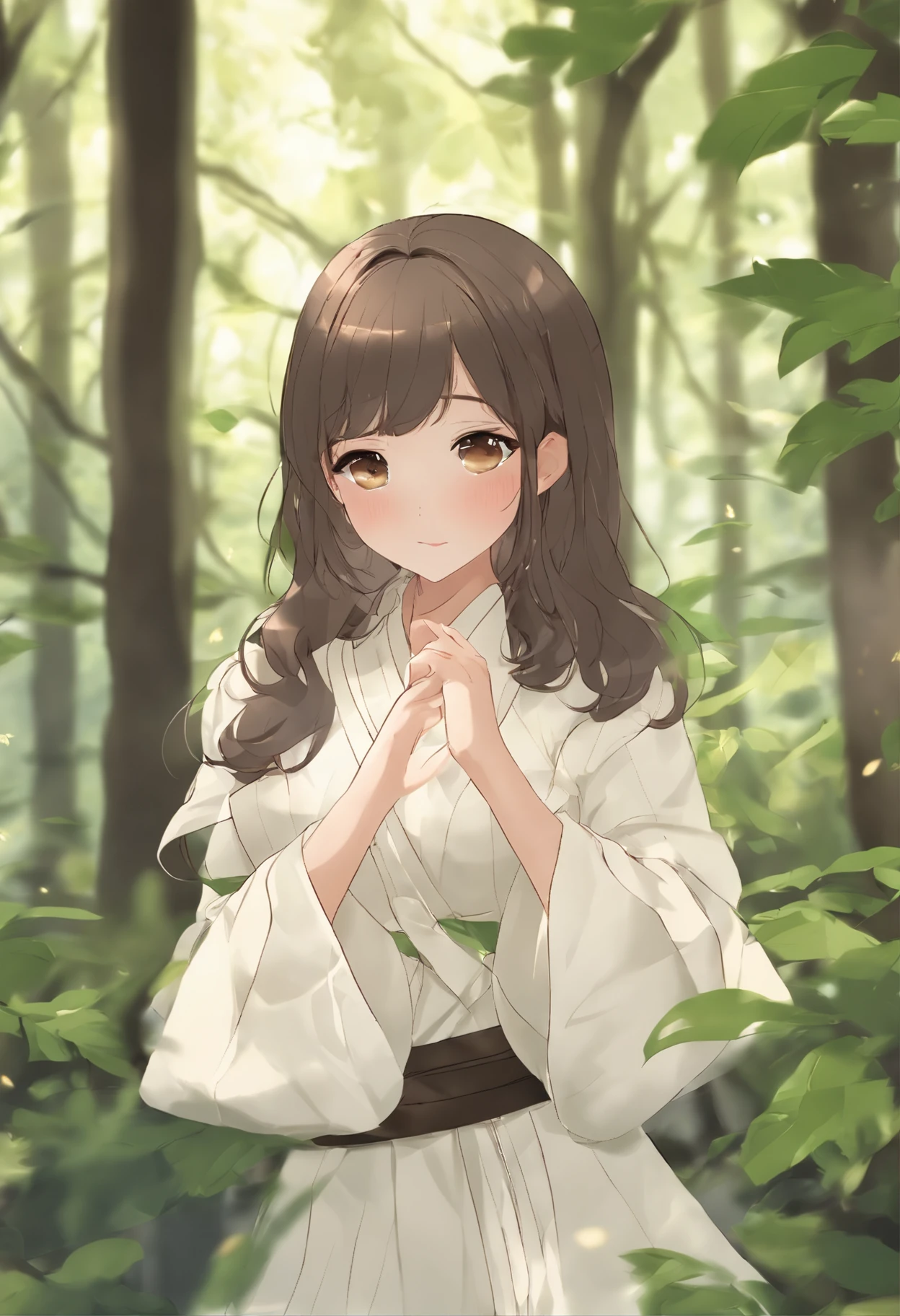 (top-quality, masterpiece), girl with, Anime, girl with, wall-paper, the woods, Yellowish jungle, kirakira, robe blanche, Vited Color:White the, Particle, the wind, Petalas, faces, Simple light background, Checkerboard background, Minimalist background, Small background, look at viewr, Albina.