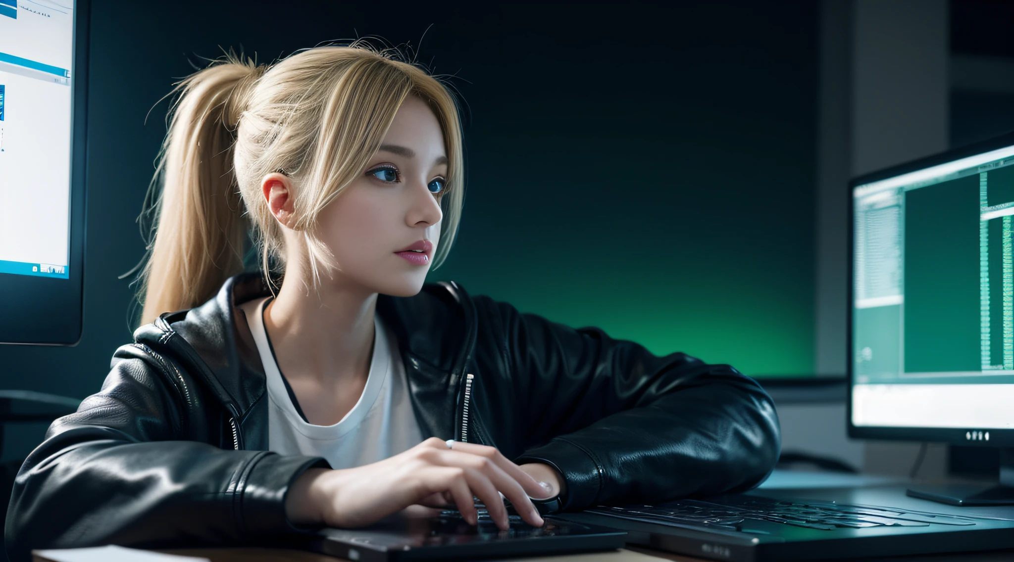 This stunning wallpaper features a beautiful blonde-haired, blue-eyed hacker woman working on a Unix system. Her hair is swept up in a ponytail and she is wearing a black leather jacket with a blue hoodie underneath. She is surrounded by a green matrix-like effect, with the Nmap logo visible in the background. Her eyes are focused and intense as she works on her computer, her fingers typing away as she hacks her way through the system. Her expression is one of determination and strength, a true hacker ready to take on any challenge. red lips, chromatic aberration abuse, UHD, retina, masterpiece, ccurate, anatomically correct, textured skin, super detail, high details, high quality, award winning, best quality, highres, 1080P, HD, 4K, 8k, 16k --q 5