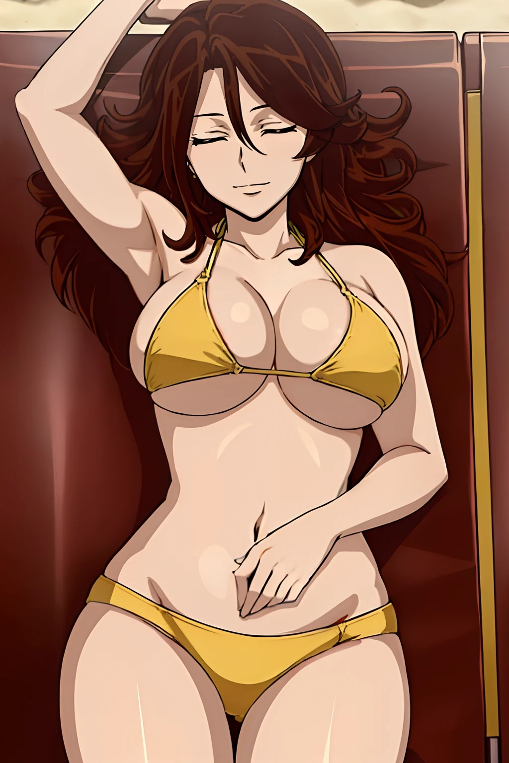 Elegant lady, anime style: 1.8, anime drawing, ultra detailed face, ultra detailed body, 4k, Sumergai Lee Noriega, ((sleeping down on wrestling ring, lying down on wrestling ring), closed eyes), best quality, anime style, hires, highest definition, digital blending, bold drawing lines, (location: beach, sunbathing), ( slim body, (little biceps), , off-shoulders, closed fists, (curvy: 2.8)), ((broken bikini, (chaps))), victorious, winner, gentle, (pale skin, shiny skin, very big breasts, smile), (big eyes, brown eyes), (brown hair, loose hair), 27 years old,