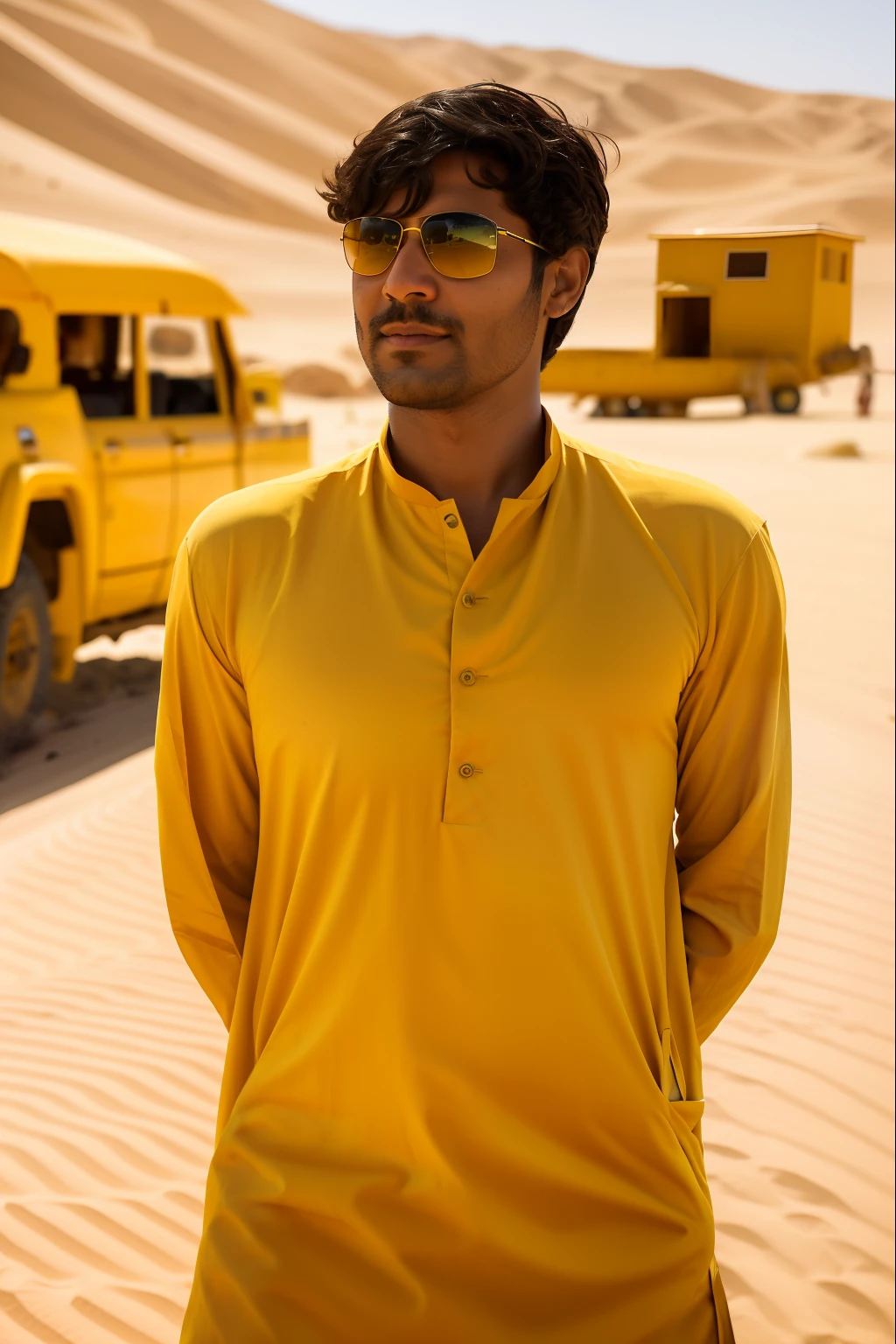 arafed man in a yellow scarf and sunglasses standing in a desert, omar shanti himalaya tibet, with yellow cloths, inspired by Kailash Chandra Meher, flowing golden scarf, roshan, ash thorp khyzyl saleem, inspired by Jitish Kallat, warm color clothes, sunglasses and a scarf