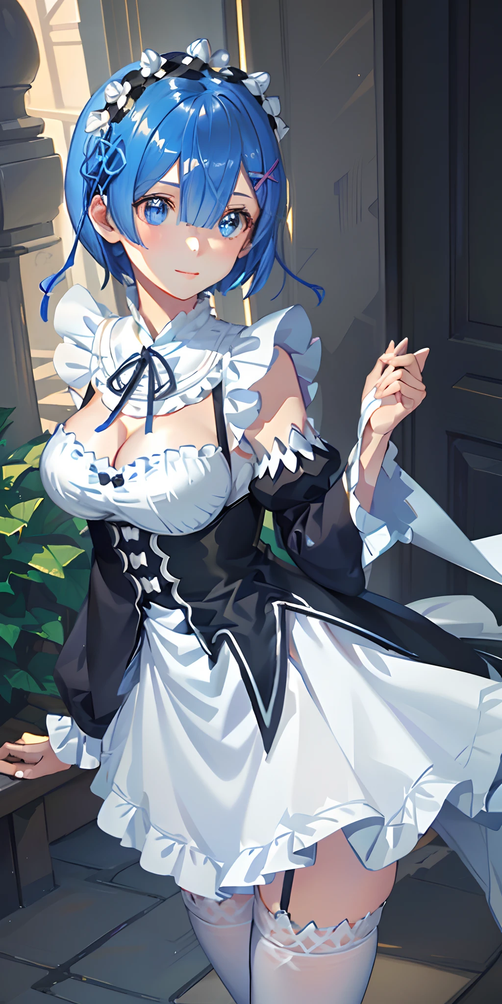 masterpiece, top quality, super detail, illustration, magnificent lighting, cinematic composition, colorful, sharp: 1.3, one girl, rem_ (re:zero\), medium breasts, blue hair, short hair, (hair above one eye: 1.3), eyes_visible_through_hair, blue eyes, roswaal_mansion_maid_uniform, apron, White Thigh Socks, Garter Strap, Standing, Upper Body, (Ultra Detail CG:1.2), (8k:1.1)