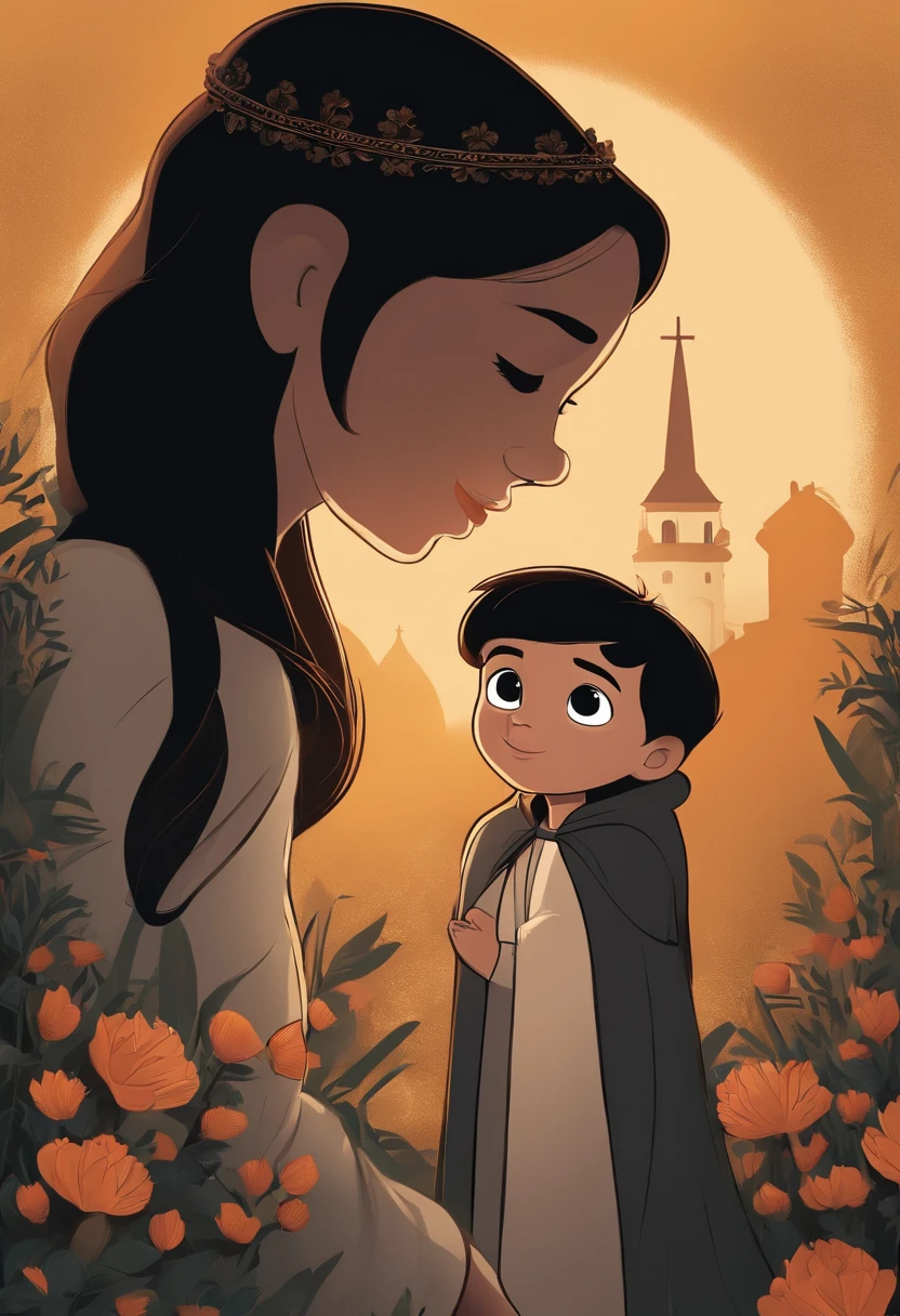 Create a 2D Disney Pixar-style image in the form of a 3D poster, featuring a 19-year-old, 1.80m tall, dressed in black, with black hair, along with a 17-year-old, 1.65m tall, also dressed in black with black hair. Both are embracing an image of Our Lady of Fatima at the center, positioned on a 2.10m tall drum. Ensure a respectful and friendly depiction.