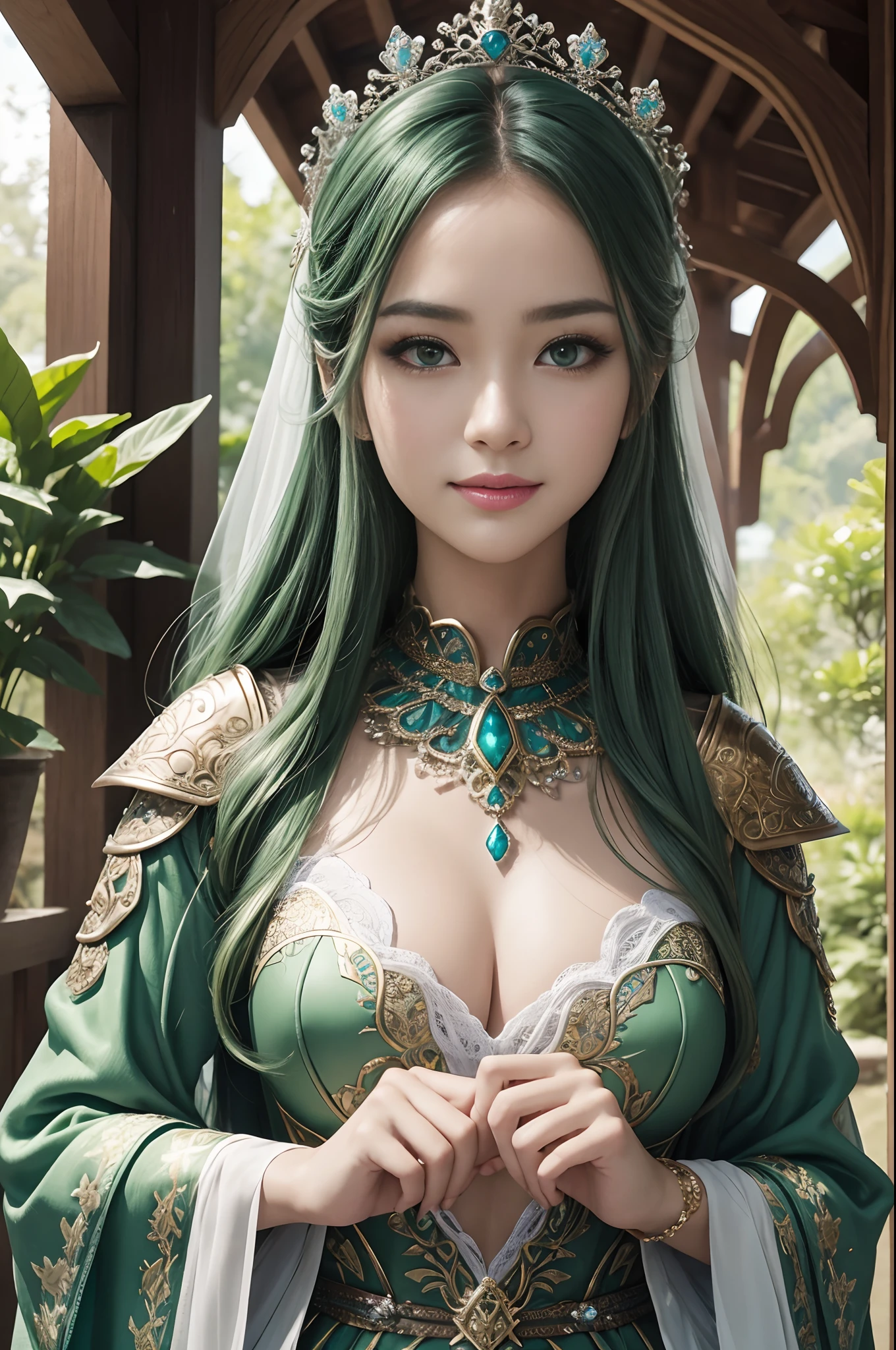 (dark shot:1.1)The whole body of the princess,Sexy princess metal armor(absurderes、hight resolution、ultra-detailliert)、One woman's whole body、Green and White Princess Chest Armor、Green and white trousers and leg armor、Big mature women、Princess in gorgeous armor、Green wavy hair、Thin big mature woman、blue eyess、long-sleeve、fine eyes and detailed face、intricate detailes、BREAK Mosaic Art、Small Pieces、colorful tesserae、complex pattern、tiled designs、durable surfaces、Old fashioned technique BREAK macro photography、extreme close - up、intricate detailes、Enlarged texture、stunning clarity、Hidden beauty、Immersive perspective breaks、artisanal creations、Handmade Products、unique designs、intricate detailes、Creative expression、skilled craftsmanship、enchanted、enchanted、enchanted、enchanted、English Garden、a smile、More about chest armor,