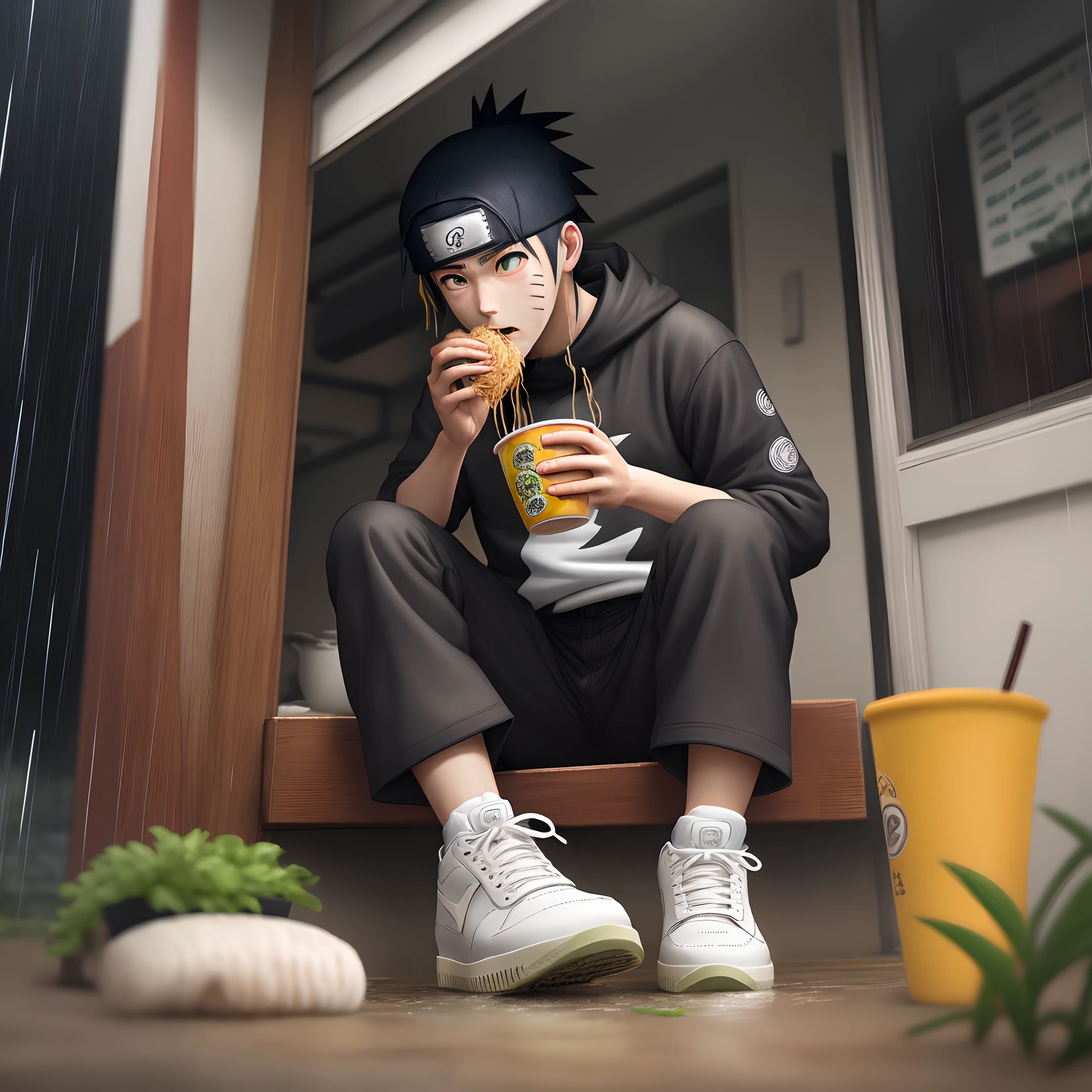 Hyper realist depressed naruto
Eating ramen noodles with airforces on while its raining abd thundering outside