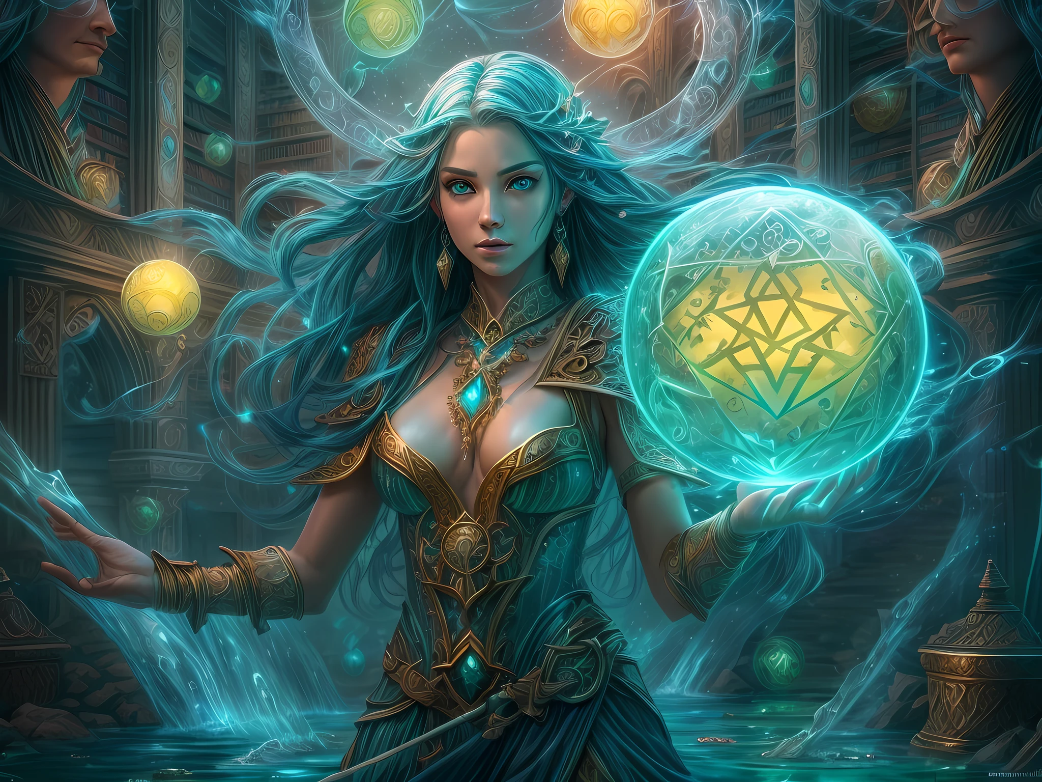 high details, best quality, 8k, [ultra detailed], masterpiece, best quality, (extremely detailed), full body, ultra wide shot, photorealistic, fantasy art, dnd art, rpg art, realistic art, an ultra wide picture of a female human (1.5 intricate details, Masterpiece, best quality) godess of water  ((watery radiant aura)), controlling a swirling streams of watery magic (1.5 intricate details, Masterpiece, best quality), manipulating purple radiant magical symbols, [[divine symbols]] (1.5 intricate details, Masterpiece, best quality), human female, blue  hair, long hair with aura, hair with green radiant eyes, intense eyes, holding a staff, ((radiant eyes)), (( green glowing eyes)), dynamic clothing, magical library, with many books, and magical runes and wards, glowing arcane sigils GlowingRunes_paleblue, crystal ball (best details, Masterpiece, best quality) on table, runes on crystal balls GlowingRunes_yellow, fantasy magical library background (best details, Masterpiece, best quality), Ultra-Wide Angle, high detail, award winning, best quality, HD, 16K, 3D rendering, high details, best quality, highres, ultra wide angle, 3D rendering, [[anatomically correct]]