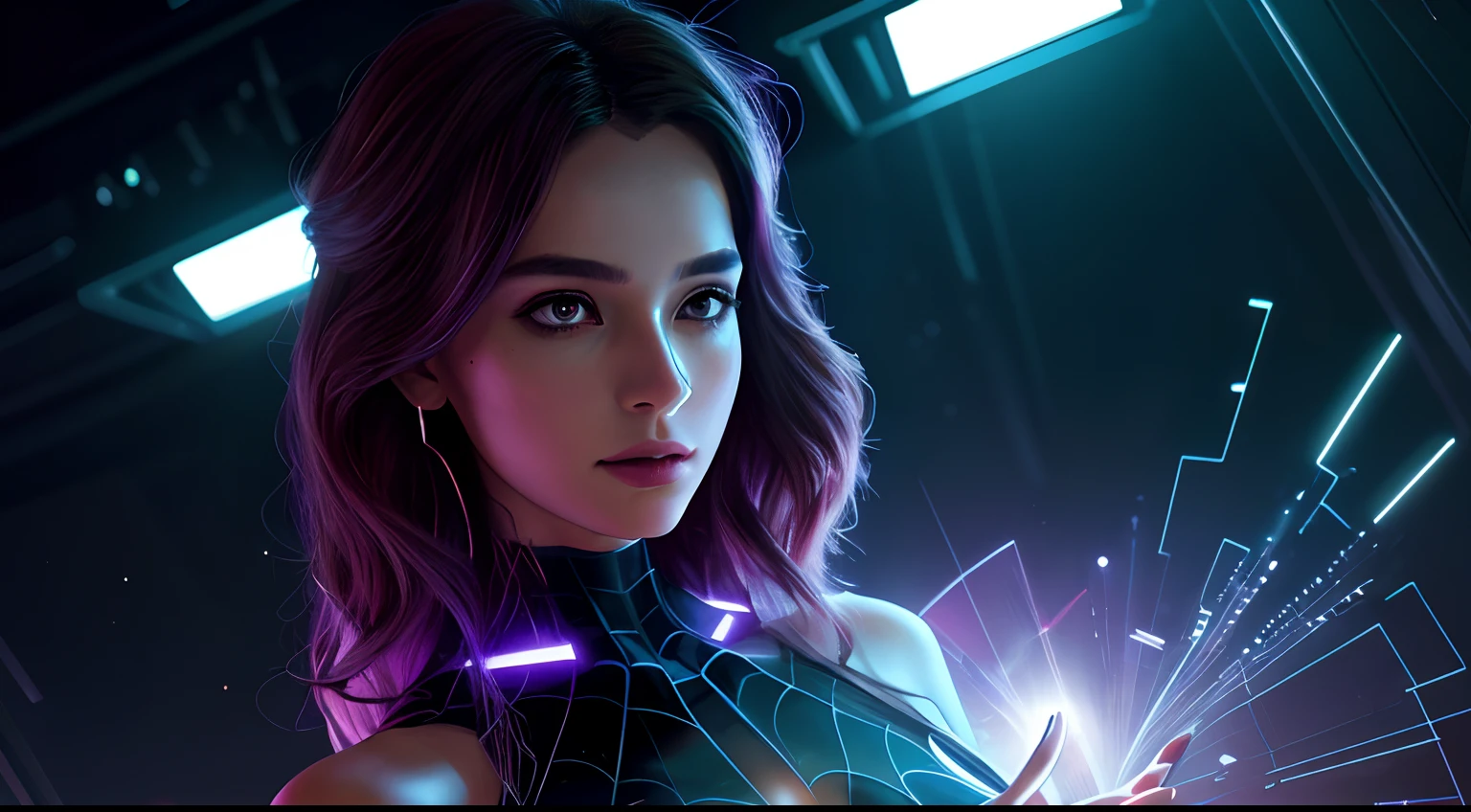 (best quality,4k,8k,highres,masterpiece:1.2),ultra-detailed,(realistic,photorealistic,photo-realistic:1.37),portrait,illustration,spiderverse,brilliant colors,dark background,ambient lighting,captivating eyes,mobile device,chestnut hair,modern style,contemporary,futuristic,technology,glowing lights,spiderweb pattern,bold composition,long sleek fingers,nail polish,confident posture,glimmering highlights,soft shadows,mysterious atmosphere,energetic pose,graceful movement,intense gaze,cosmic elements,magical,science fiction vibes,high-tech accessories,sci-fi theme,enchanted environment
