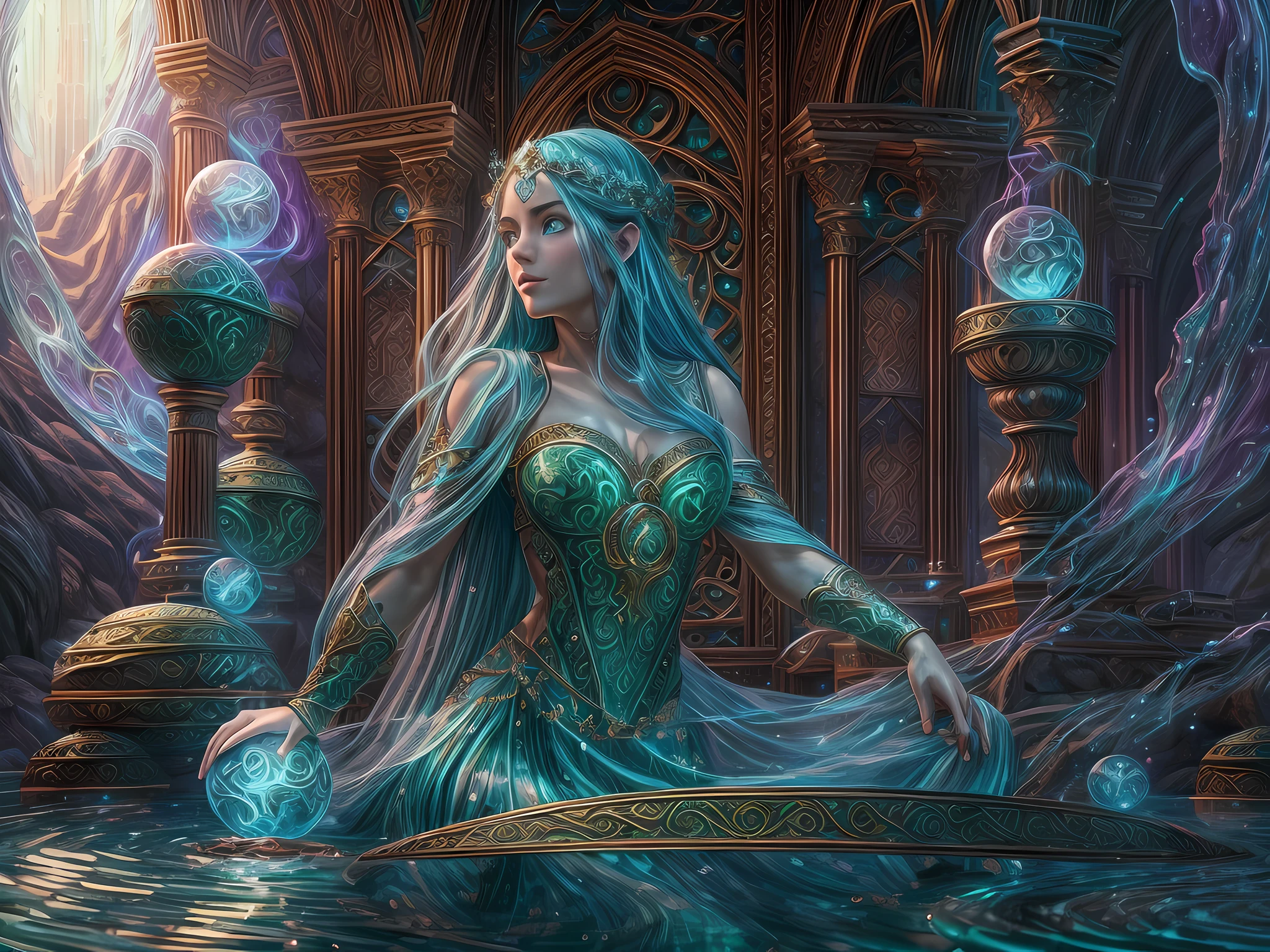 high details, best quality, 8k, [ultra detailed], masterpiece, best quality, (extremely detailed), full body, ultra wide shot, photorealistic, fantasy art, dnd art, rpg art, realistic art, an ultra wide picture of a female human (1.5 intricate details, Masterpiece, best quality) godess of water  ((watery radiant aura)), controlling a swirling streams of watery magic (1.5 intricate details, Masterpiece, best quality), manipulating purple radiant magical symbols, [[divine symbols]] (1.5 intricate details, Masterpiece, best quality), human female, blue  hair, long hair with aura, hair with green radiant eyes, intense eyes, holding a staff, ((radiant eyes)), (( green glowing eyes)), dynamic clothing, magical library, with many books, and magical runes and wards, glowing arcane sigils GlowingRunes_paleblue, crystal ball (best details, Masterpiece, best quality) on table, runes on crystal balls GlowingRunes_yellow, fantasy magical library background (best details, Masterpiece, best quality), Ultra-Wide Angle, high detail, award winning, best quality, HD, 16K, 3D rendering, high details, best quality, highres, ultra wide angle, 3D rendering, [[anatomically correct]]