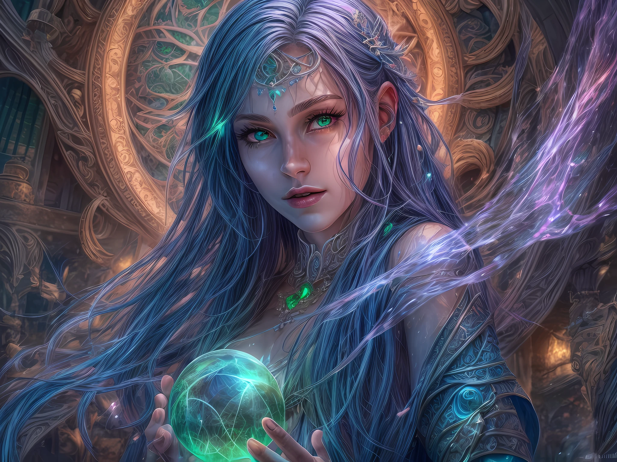 high details, best quality, 8k, [ultra detailed], masterpiece, best quality, (extremely detailed), full body, ultra wide shot, photorealistic, fantasy art, dnd art, rpg art, realistic art, an ultra wide picture of a female human (1.5 intricate details, Masterpiece, best quality) godess of water  ((watery radiant aura)), controlling a swirling streams of watery magic (1.5 intricate details, Masterpiece, best quality), manipulating purple radiant magical symbols, [[divine symbols]] (1.5 intricate details, Masterpiece, best quality), human female, blue  hair, long hair with aura, hair with green radiant eyes, intense eyes, holding a staff, ((radiant eyes)), (( green glowing eyes)), dynamic clothing, magical library, with many books, and magical runes and wards, glowing arcane sigils GlowingRunes_paleblue, crystal ball (best details, Masterpiece, best quality) on table, runes on crystal balls GlowingRunes_yellow, fantasy magical library background (best details, Masterpiece, best quality), Ultra-Wide Angle, high detail, award winning, best quality, HD, 16K, 3D rendering, high details, best quality, highres, ultra wide angle, 3D rendering, [[anatomically correct]]