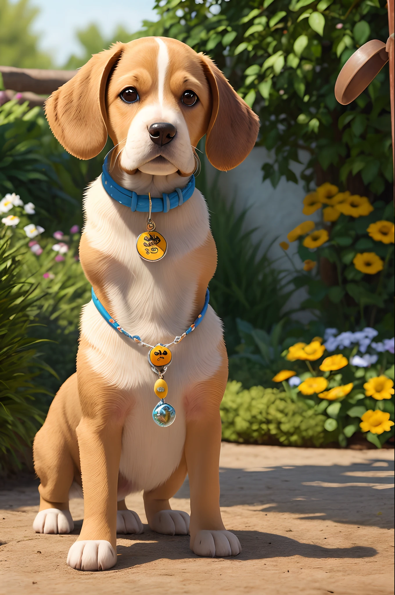 Se inspire nas arte da pixar, 3d, A beagle puppy, com a cor marrom claro, partes brancas pelo corpo, in a garden setting, no dia ensolarado, estilo do filme da Disney Pixar, with a polka dot necklace around the neck