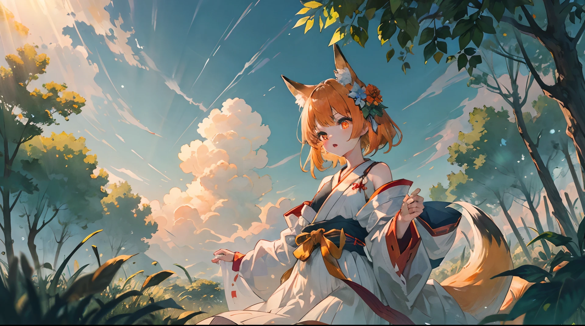 ((best quality:1), (masterpiece:1), (ultra-detailed:1):1.3), dark night, low brightness, detailed background, cinematic lighting,, sen, animal ears, fox ears, fox girl, fox tail, hair flower, hair ornament, orange eyes, orange hair, short hair, tail, flat chest, 1girl, solo, kimono, miko, japanese clothes,, upper body, ((sundress, white sundress, bare shoulders)), garden, outdoors, sunrays, cloud, sky, outdoors, cloudy sky, leaf, sunbeam,
