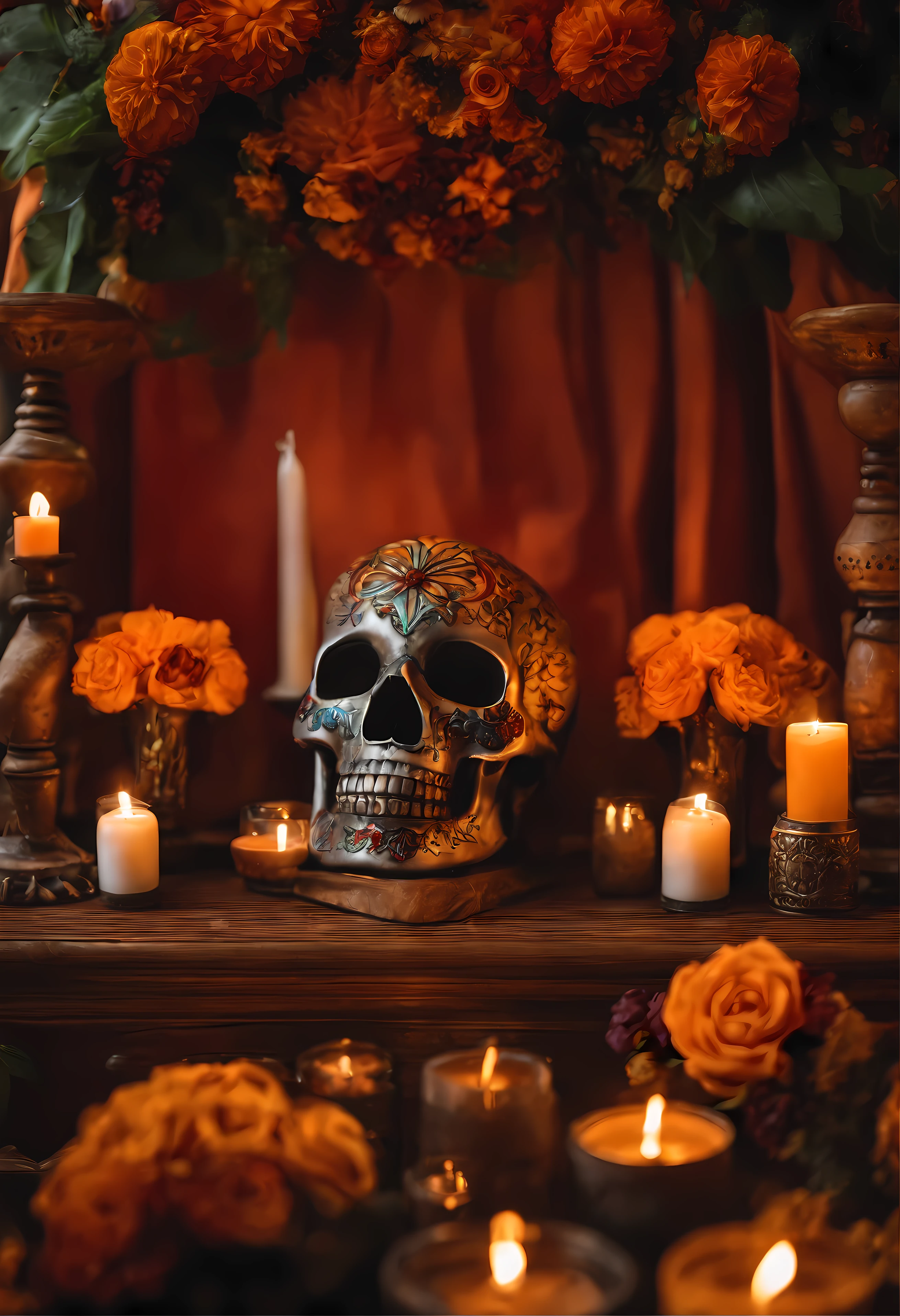 Altar mexicano para o dia dos muertos com velas e caveiras