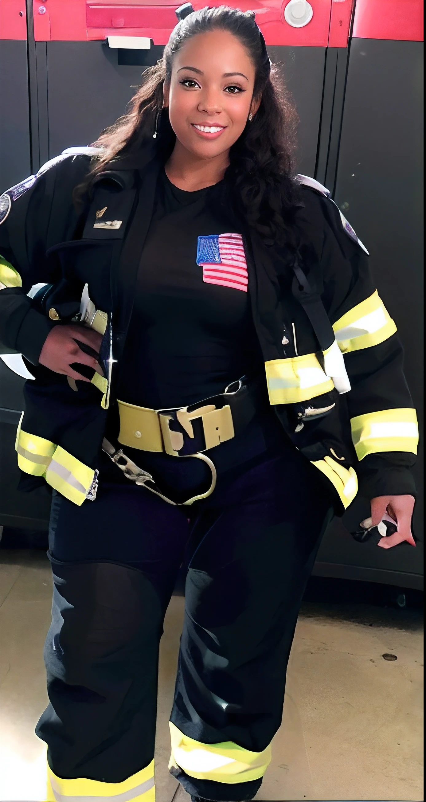 arafed hot thick muscular Puerto Rican female woman in a firefighter's uniform standing in a locker, firefighting gear, firefighter, young female firefighter, full costume, fireman, profile shot, full body close-up shot, full uniform, full body with costume, by Bernie D’Andrea, full-body-shot, profile image, full body shot close up, profile picture, full body length chubby cheeks and cute dimples beautiful smile and perfect teeth hot bubblegum lips beautiful eyebrows hot brown eyes and wearing less makeup and glitter blush long dark chocolate curly hair Puerto Rican golden toned tanned skin