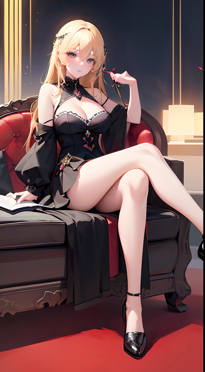 Blonde woman in black dress sitting on red sofa with book, anime girl in black dress, seductive anime girl, guweiz on pixiv artstation, beautiful alluring anime woman, beautiful anime girl, artwork in the style of guweiz, guweiz on artstation pixiv, beautiful anime woman, gothic maiden anime girl