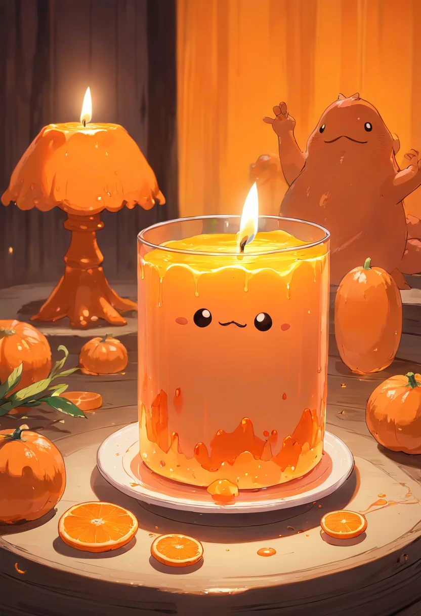 Orange translucent slime creatures,A white candle was lit on and next to the table