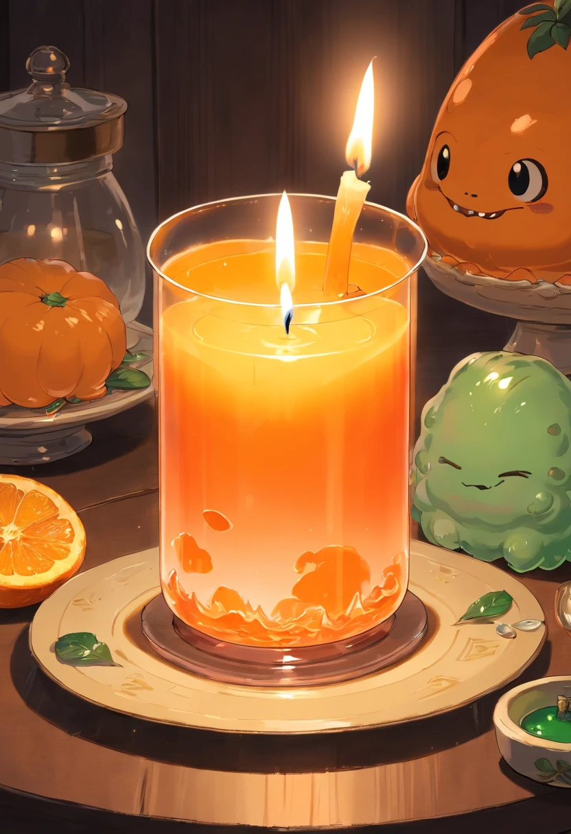 Orange translucent slime creatures,A white candle was lit on and next to the table