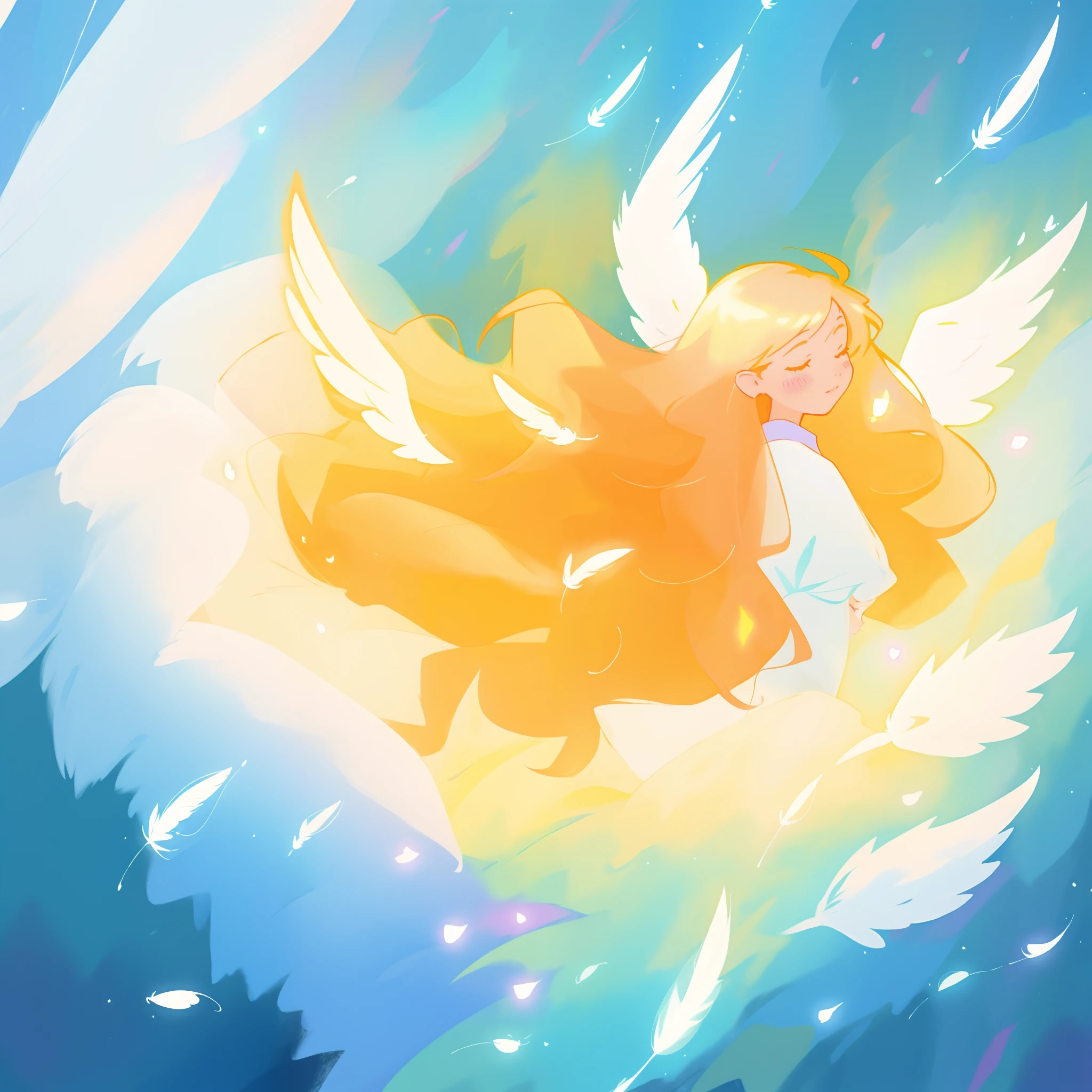 beautiful angel girl in white dress, angel dress, puffy ballgown, ((large white angel wings)), ((white glowing feathers)), angel, angelic, angel girl, long golden hair, watercolor illustration, inspired by Glen Keane, inspired by Lois van Baarle, disney art style, by Lois van Baarle, glowing aura around her, by Glen Keane, jen bartel, glowing lights! digital painting, flowing glowing hair, glowing flowing hair, beautiful digital illustration, fantasia otherworldly landscape plants flowers, beautiful, masterpiece, best quality, anime disney style