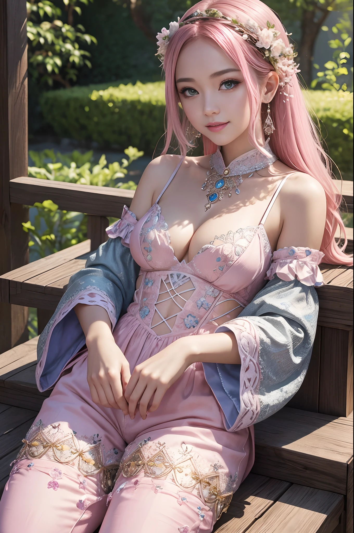 (dark shot:1.1)The whole body of the princess,Sexy Princess Armor(absurderes、hight resolution、ultra-detailliert)、One woman's whole body、Pink and White Princess Chest Armor、Pink and white pants and leg armor、Big mature women、Princess in gorgeous armor、A pink-haired、Thin big mature woman、blue eyess、long-sleeve、fine eyes and detailed face、intricate detailes、BREAK Mosaic Art、Small Pieces、colorful tesserae、complex pattern、tiled designs、durable surfaces、Old fashioned technique BREAK macro photography、extreme close - up、intricate detailes、Enlarged texture、stunning clarity、Hidden beauty、Immersive perspective breaks、artisanal creations、Handmade Products、unique designs、intricate detailes、Creative expression、skilled craftsmanship、enchanted、enchanted、enchanted、enchanted、English Garden、a smile、More about chest armor,