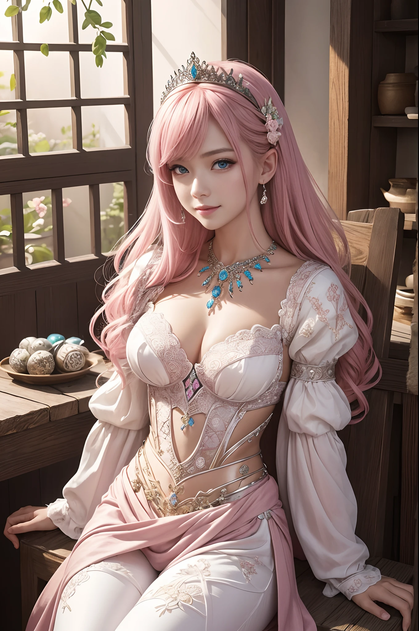 (dark shot:1.1)The whole body of the princess,Sexy Princess Armor(absurderes、hight resolution、ultra-detailliert)、One woman's whole body、Pink and White Princess Chest Armor、Pink and white pants and leg armor、Big mature women、Princess in gorgeous armor、A pink-haired、Thin big mature woman、blue eyess、long-sleeve、fine eyes and detailed face、intricate detailes、BREAK Mosaic Art、Small Pieces、colorful tesserae、complex pattern、tiled designs、durable surfaces、Old fashioned technique BREAK macro photography、extreme close - up、intricate detailes、Enlarged texture、stunning clarity、Hidden beauty、Immersive perspective breaks、artisanal creations、Handmade Products、unique designs、intricate detailes、Creative expression、skilled craftsmanship、enchanted、enchanted、enchanted、enchanted、English Garden、a smile、More about chest armor,