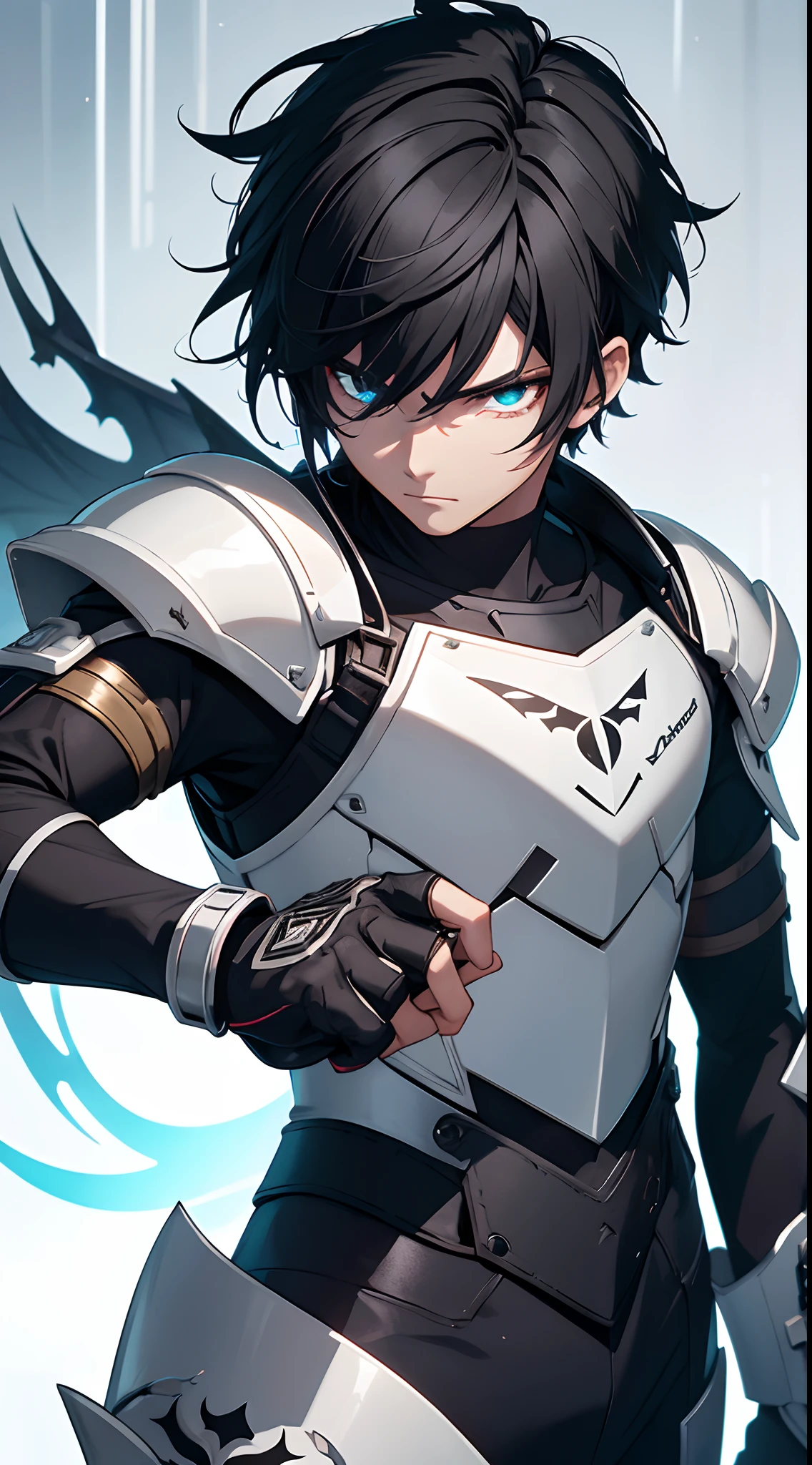 1 teen male, Holding Pyro Dragon Claymore, Wear Mechanical White Armor Suit, Black Hair with Emo Hairstyle, Genshin Impact Style, Underwarter Ruin Background, Have Hidden Blade, White Eye, Fine Emotion Mood, Fighting stance, detailed eyes, detailed face, Anime Art, Anime Style, Anime, very detailed, High Detail.