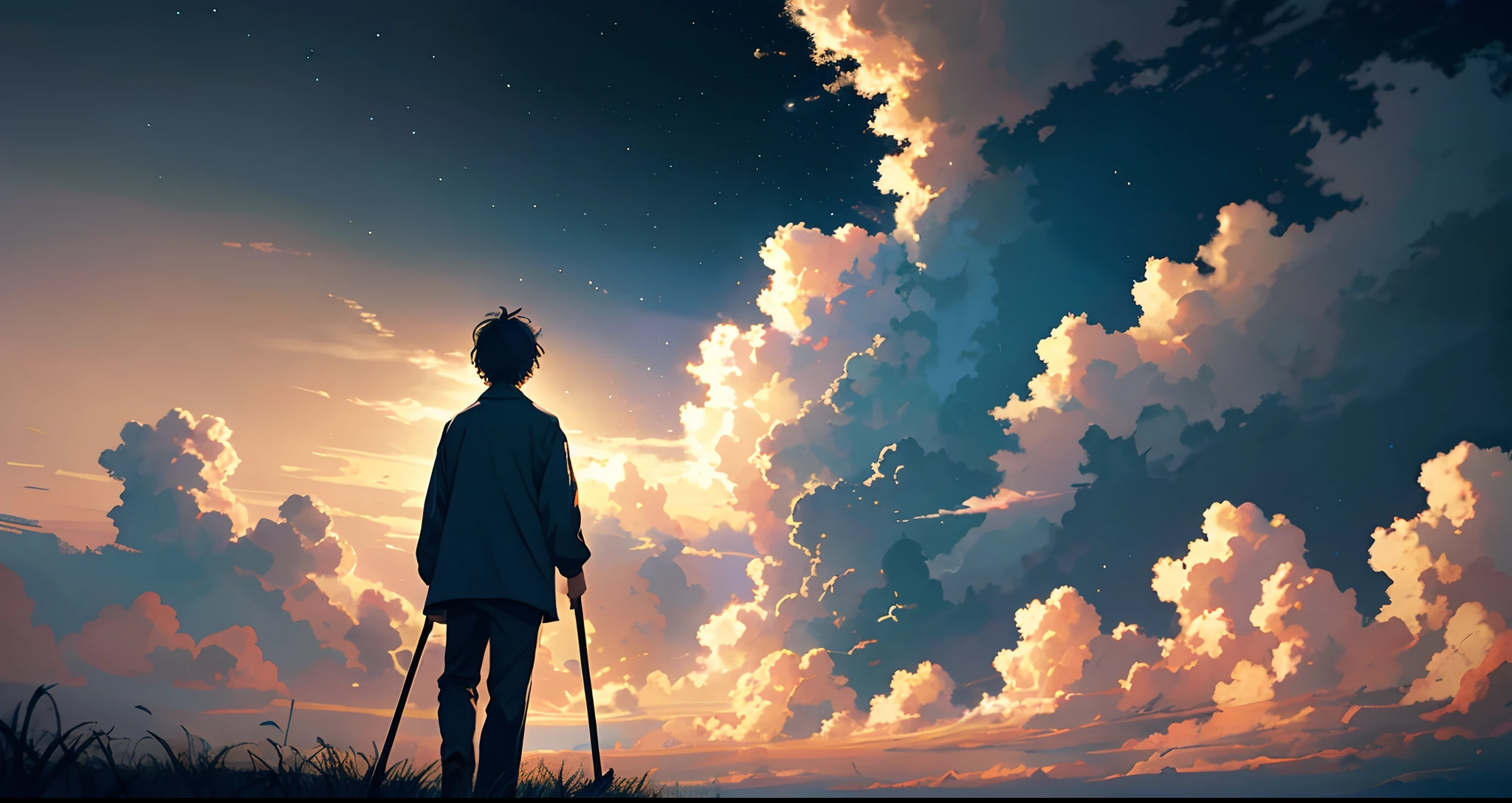 A man standing on a hill looking at the sky with a pair of crutches ...