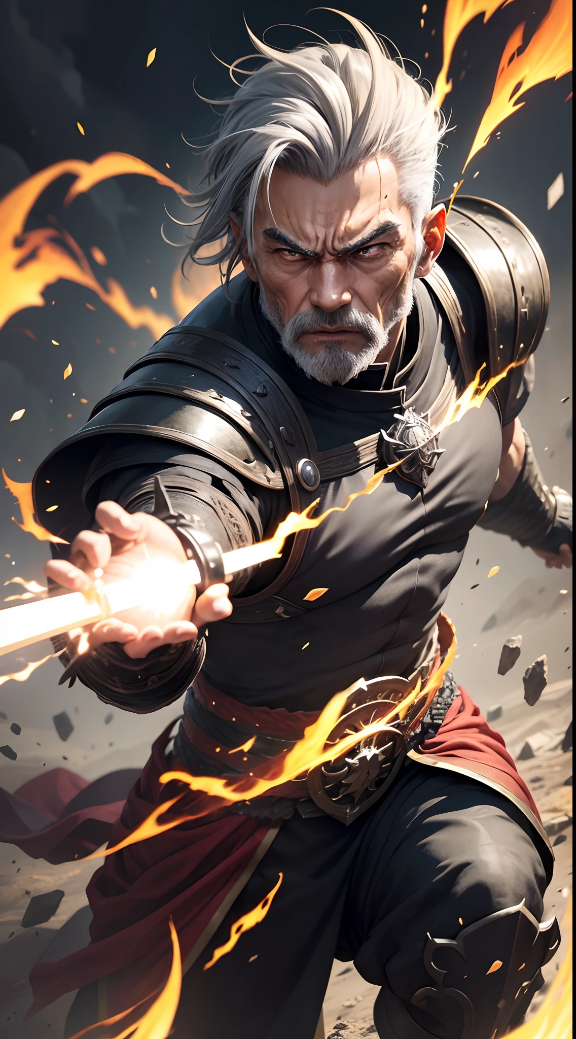 8k realistic image of a 60 year old man, strong, oriental, short gray hair combed back, dressed in a black RPG warrior style cleric costume, receiving an energy attack, expression of pain, anime style art