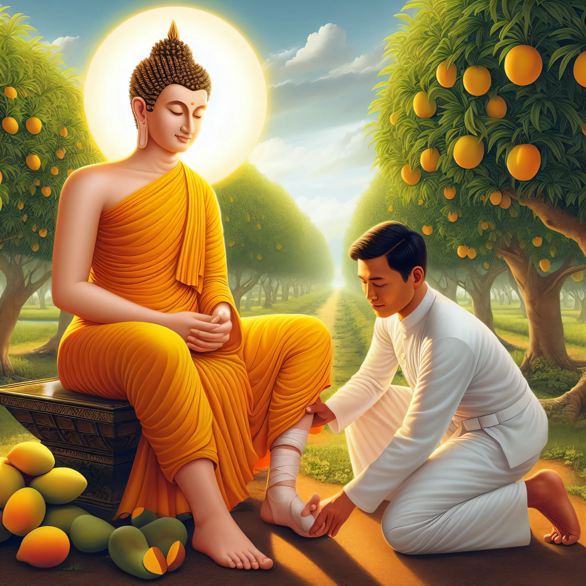 buddha sitting on a bench with a man kneeling next to him, buddhism, buddhist, on path to enlightenment, the buddha, buddha, buddhist art, on the path to enlightenment, beautiful depiction, enlightenment, buddhist monk, puṣkaracūḍa, karma sutra, spiritual enlightenment, by Sasha Putrya, thailand art