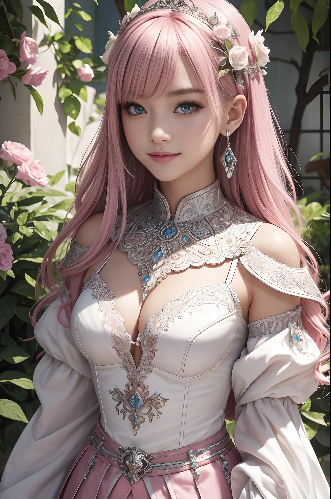 (dark shot:1.1)The whole body of the princess,Sexy princess metal armor(absurderes、hight resolution、ultra-detailliert)、One woman's whole body、Pink and White Princess Chest Armor、Pink and white pants and leg armor、Big mature women、Princess in gorgeous armor、A pink-haired、Thin big mature woman、blue eyess、long-sleeve、fine eyes and detailed face、intricate detailes、BREAK Mosaic Art、Small Pieces、colorful tesserae、complex pattern、tiled designs、durable surfaces、Old fashioned technique BREAK macro photography、extreme close - up、intricate detailes、Enlarged texture、stunning clarity、Hidden beauty、Immersive perspective breaks、artisanal creations、Handmade Products、unique designs、intricate detailes、Creative expression、skilled craftsmanship、enchanted、enchanted、enchanted、enchanted、English Garden、a smile、More about chest armor,