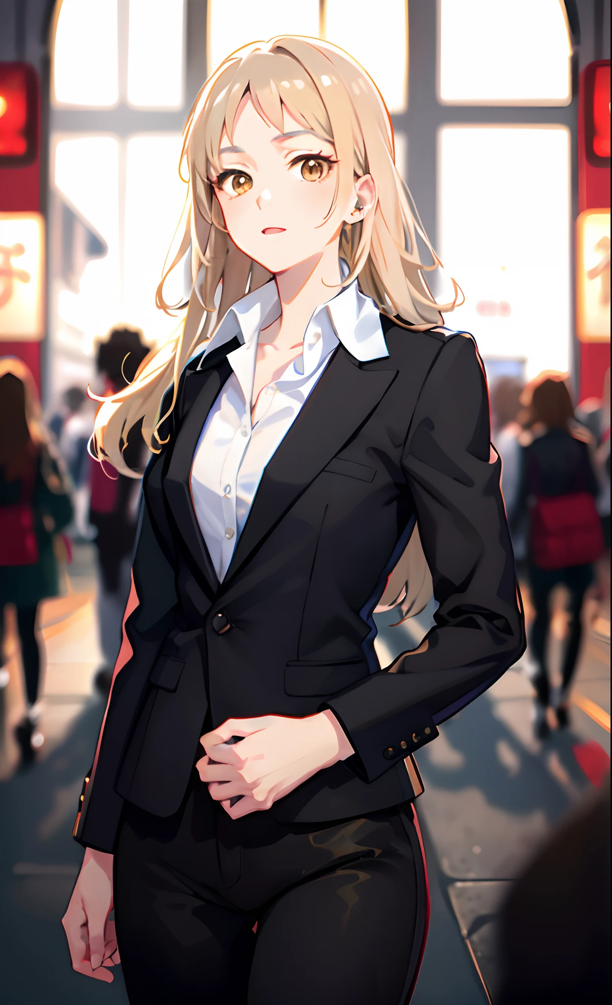 anime - style image of a woman in a business suit in a crowded area, girl in a suit, girl in suit, well - dressed, in a strict suit, in strict suit, fine details, blonde anime girl with long hair, digital anime illustration, painted in anime painter studio, business pants, yellow eyes, dark blonde hair, white buttons