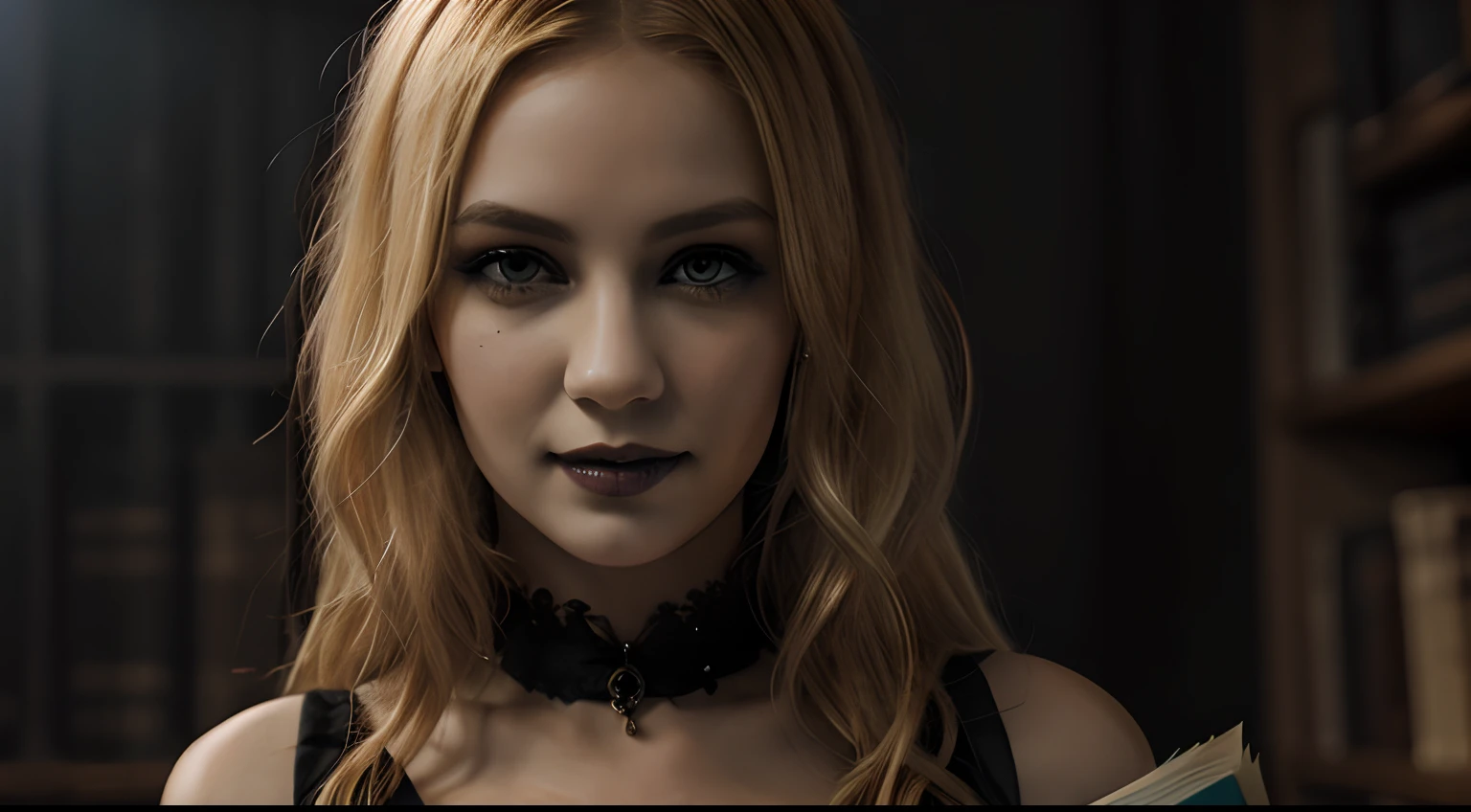 beautiful gothic girl,blonde hair,black dress,neck ribbon,holding a book,piercing eyes,mischievous smirk,illustration,ultra-detailed,realistic,vivid colors,horror,dark,soft lighting