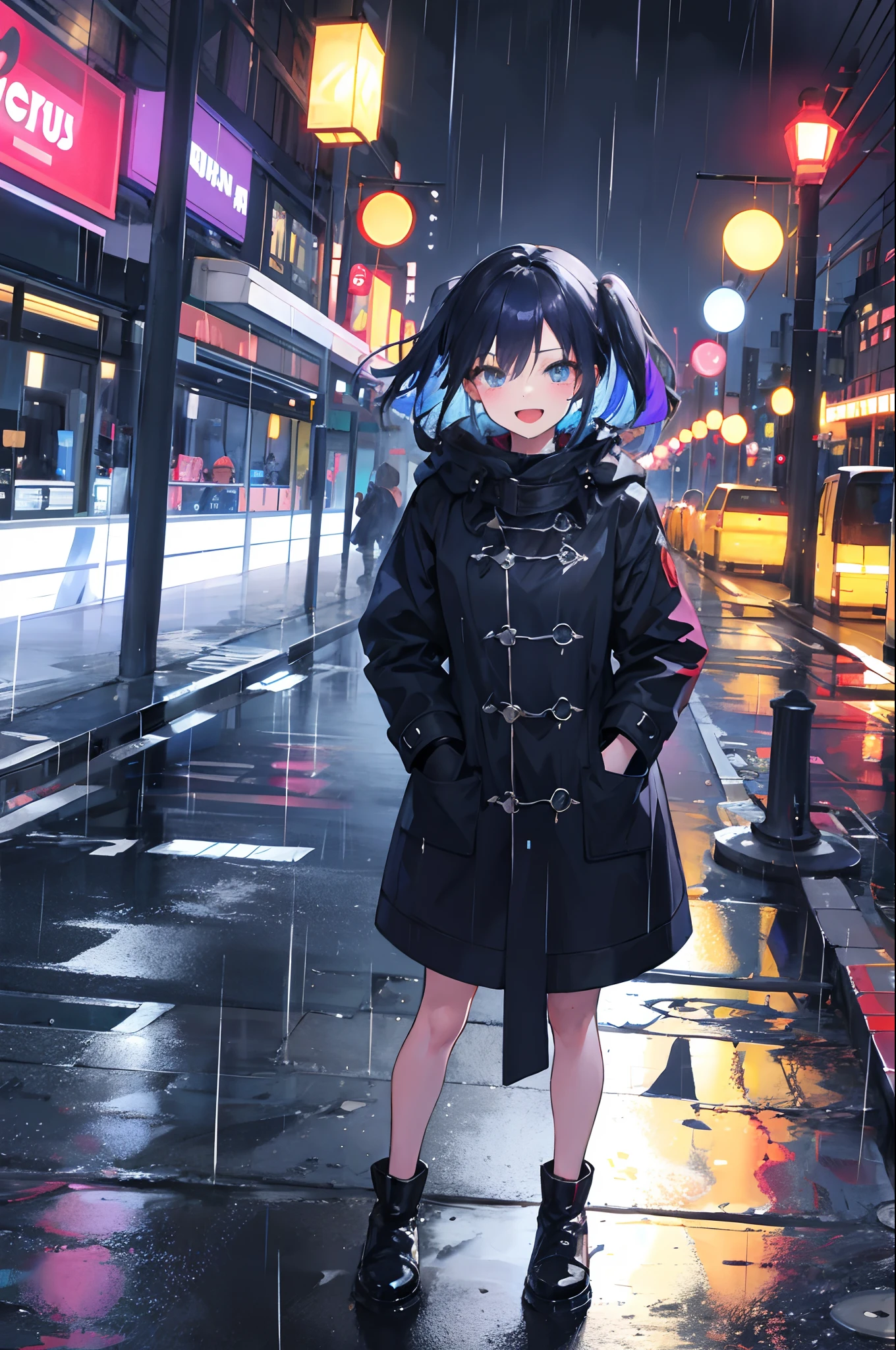 Anime girl in black coat standing in the rain on a city street - SeaArt AI