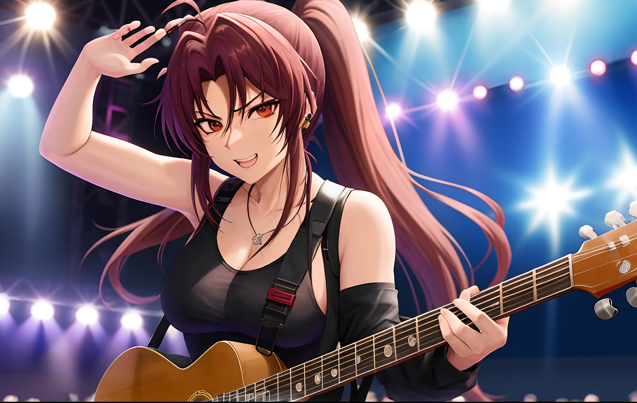 anime 2d, Revy from black lagoon on a concert stage playing the guitar, smug face, wearing same clothes from black lagoon anime, show stage set in back with revy looking forward