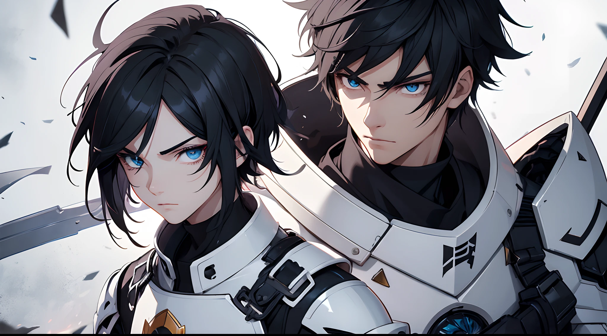 1 male, Holding Pyro Dragon Claymore, Wear Mechanical White Armor Suit, Black Hair with Emo Hairstyle, Genshin Impact Style, Underwarter Ruin Background, Have Hidden Blade, White Eye, Fine Emotion Mood, Fighting stance, detailed eyes, detailed face, Anime Art, Anime Style, Anime, very detailed, High Detail.