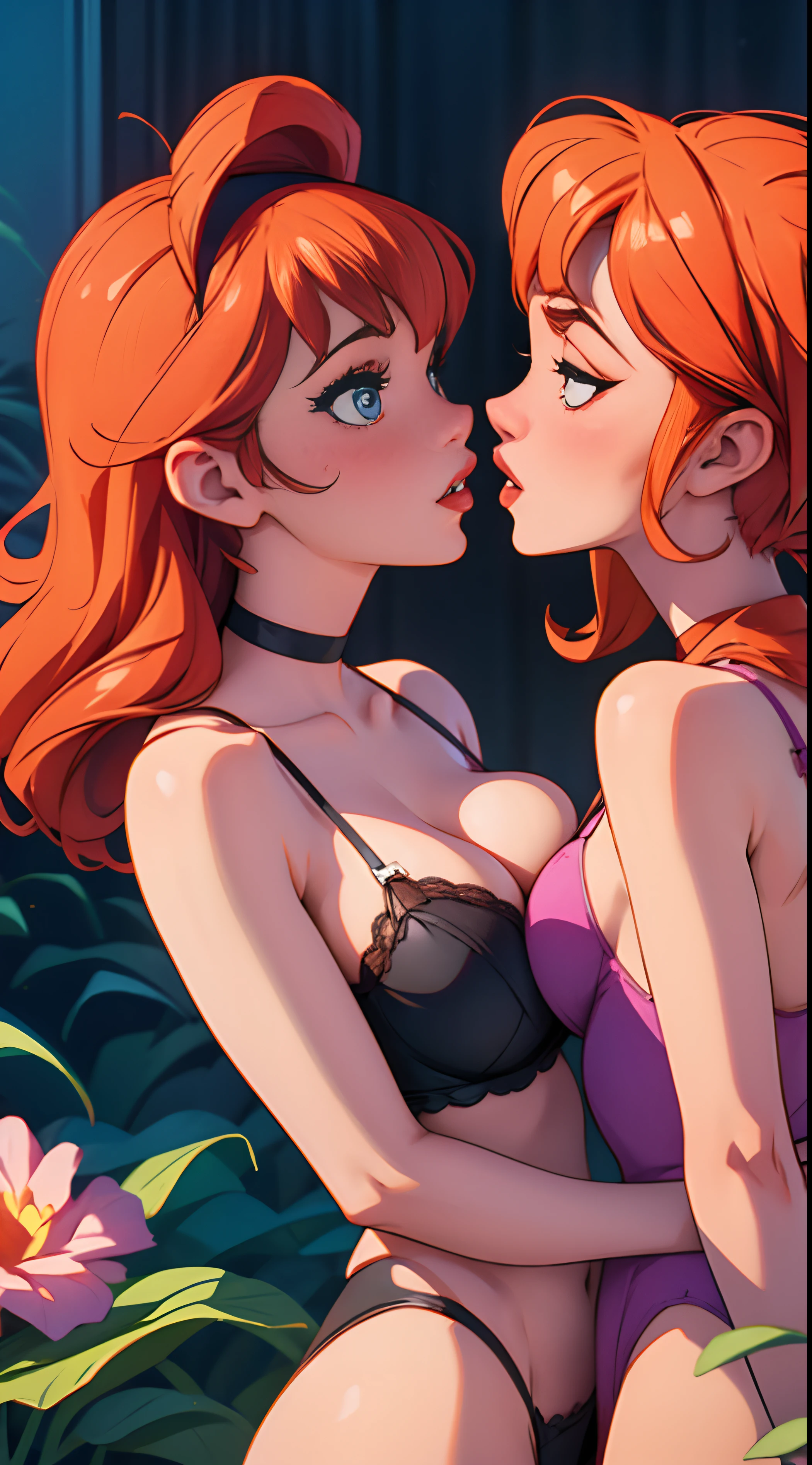 Velma and Daphne from Scooby doo kissing in lingerie