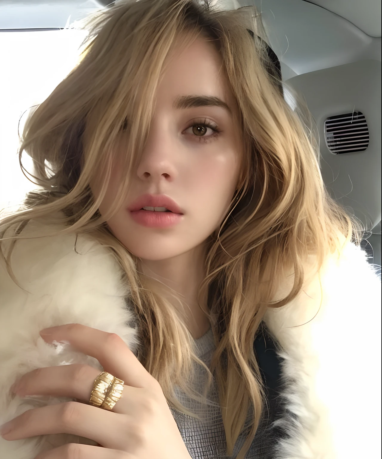 arafed woman in a car with a furry coat and a ring, ellie victoria gale, her hair is natural disheveled, ana de armas, emma roberts, kiernan shipka, suki, she has messy hair, in style of britt marling, ana de armas portrait, ana de armas as joan of arc, portrait of ana de armas