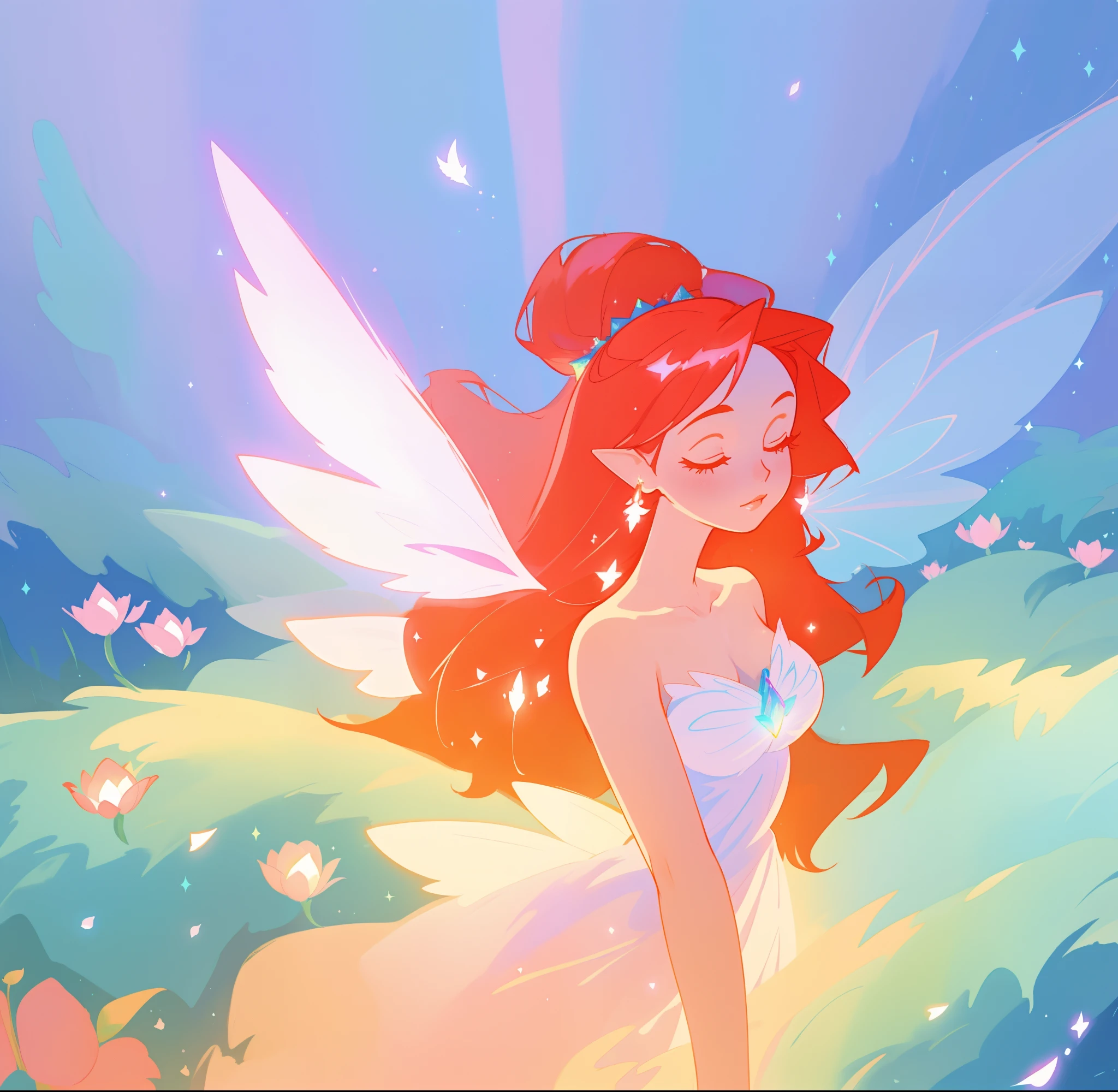 beautiful fairy girl in flowing white fairy gown, fairy dress, ((fairy queen)), (glowing fairy wings), long red hair, ((sparkling fairy wings)), regal queen, fairy queen, watercolor illustration, inspired by Glen Keane, inspired by Lois van Baarle, disney art style, by Lois van Baarle, glowing aura around her, by Glen Keane, jen bartel, glowing lights! digital painting, flowing glowing hair, glowing flowing hair, beautiful digital illustration, fantasia otherworldly landscape plants flowers, beautiful, masterpiece, best quality, anime disney style