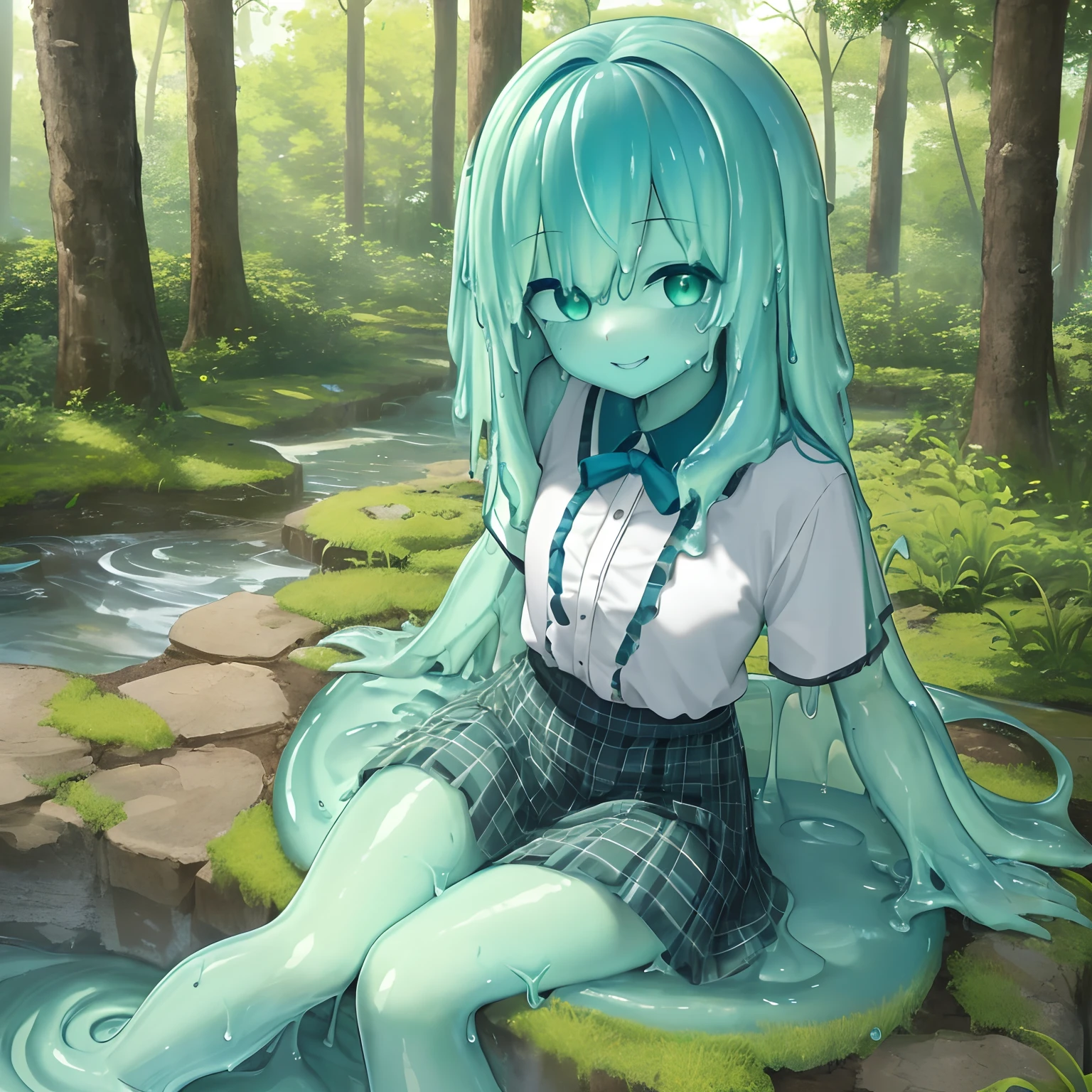 1girl, solo, slime girl, slime \(substance\), blue skin, (green hair:1.2), , sitting, outdoors, forest, looking at viewer, smile