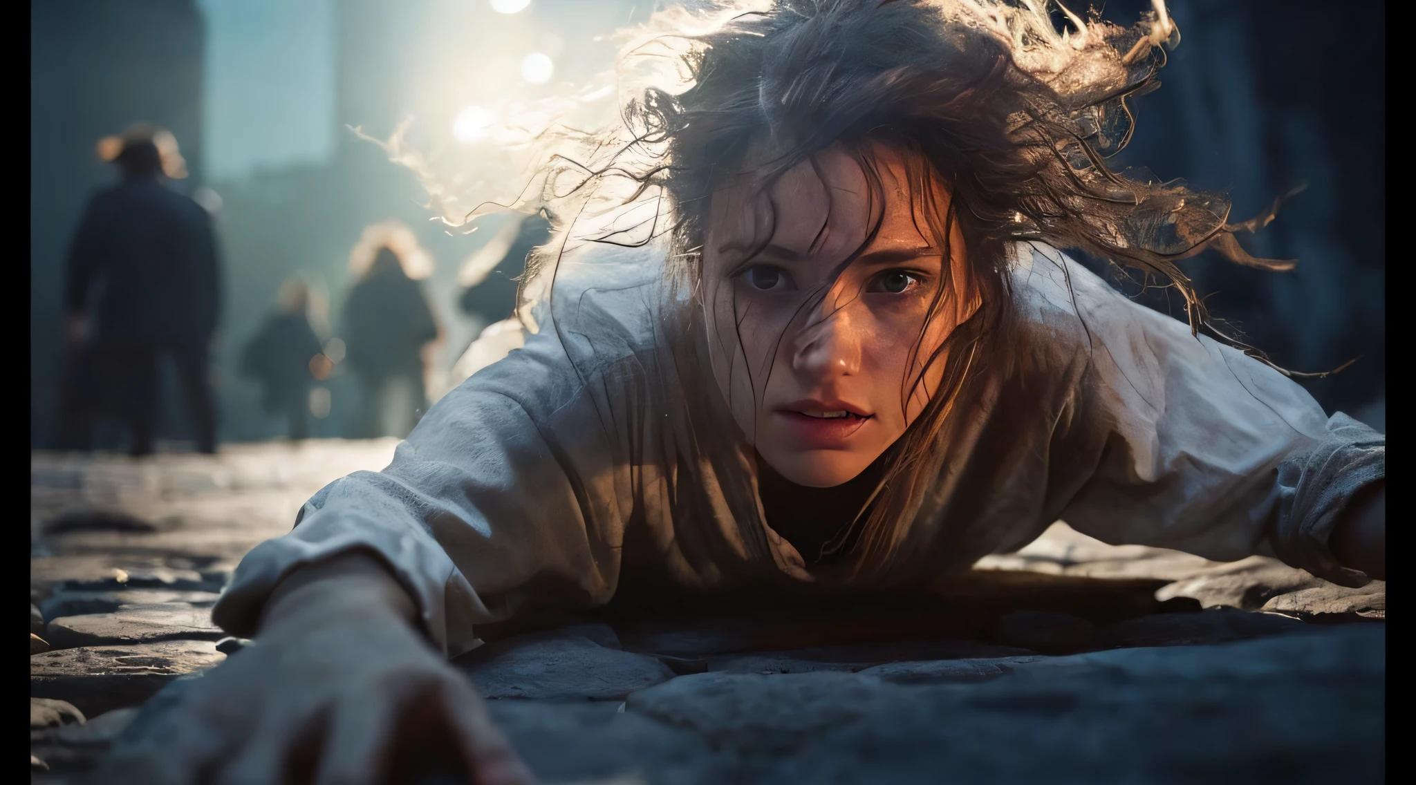 The photograph shows a young woman with dark, disheveled hair, with her fixed and penetrating gaze directed at the camera. She is lying on a rocky floor, with her arms outstretched towards those observing the scene. His countenance conveys a sense of urgency and resolution. In the background, several human figures can be seen in silhouette, giving the composition an air of mystery and tension. The strong, highlighted light in the scene creates a dramatic impact, especially on the woman's face, while the play of light and shadow accentuate the surrounding atmosphere of the image. The photo orientation is horizontal,8k
