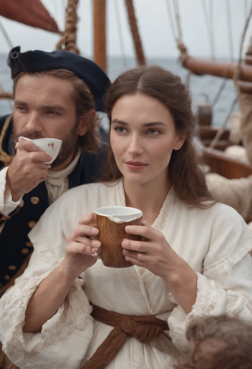 ancient french sailors on sailboat drinking pine bark tea to regain health