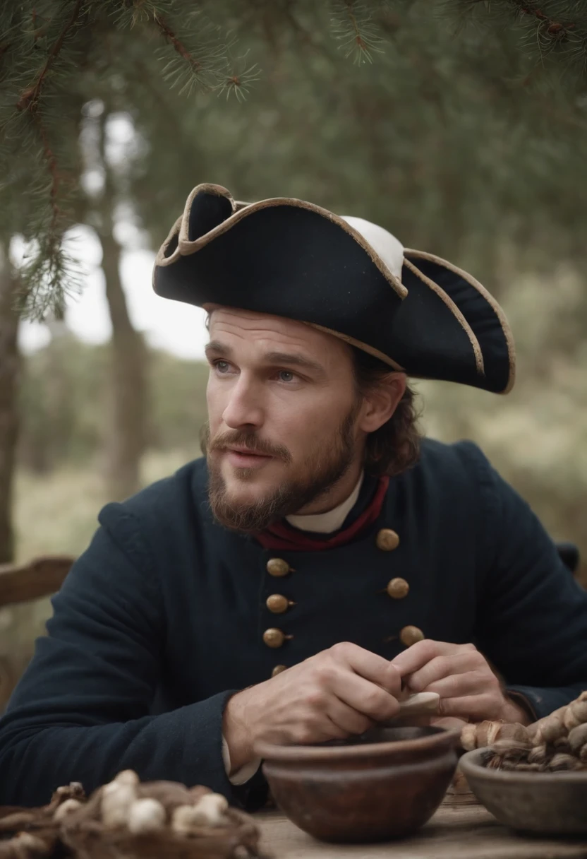 Caucasian male, middle-aged, facial hair, serious expression, historical military costume, tricorne hat with badge, cockade, wet navy coat with buttons, historical reenactment, close-up, blurred background, natural light, high-resolution image, authentic period attire, 18th-century military uniform.,