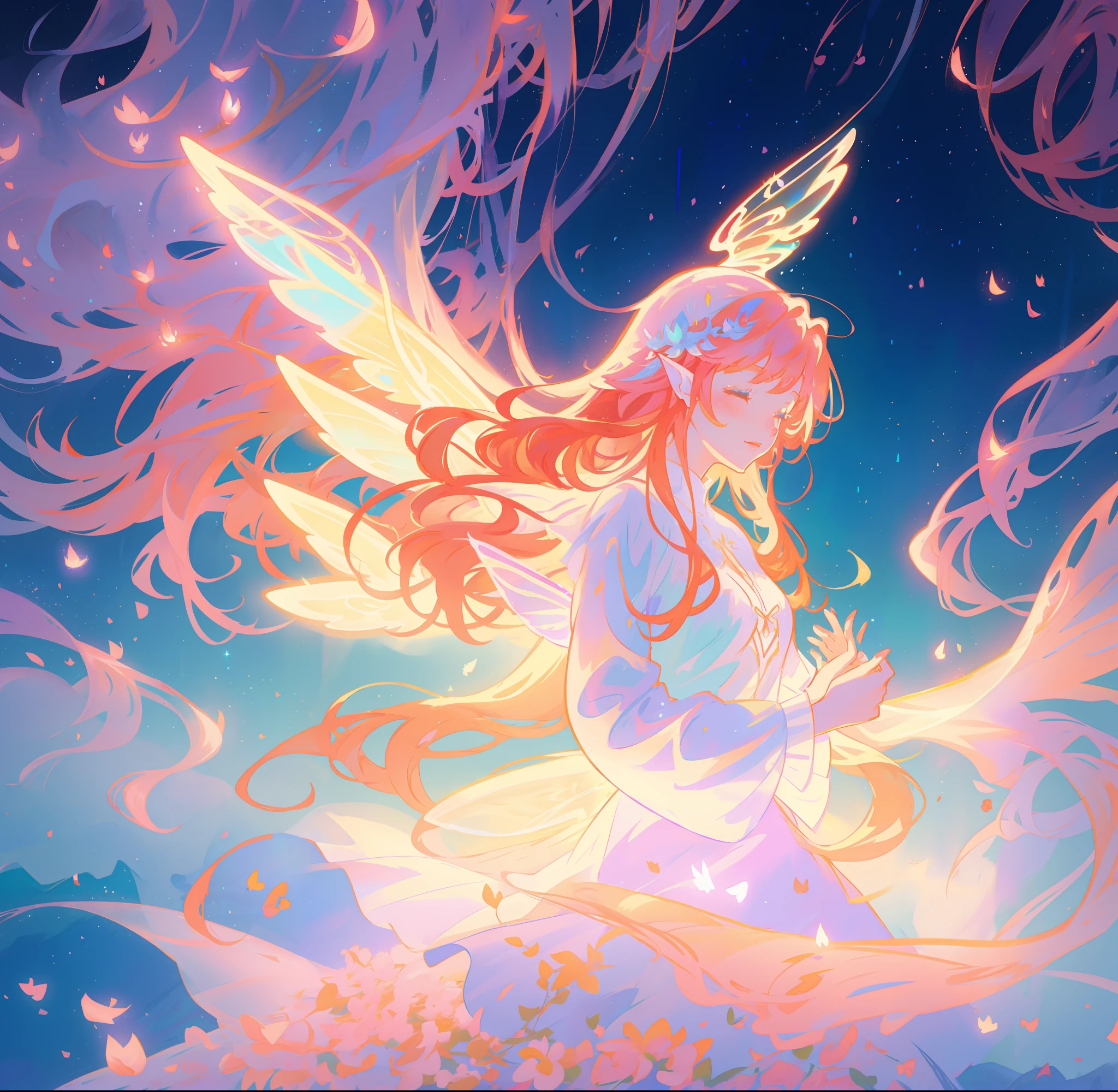 beautiful fairy girl in flowing white fairy gown, fairy dress, ((fairy queen)), (glowing fairy wings), long red hair, intricate dress details, fantasy fairy dress, ((sparkling fairy wings)), regal queen, fairy queen, watercolor illustration, inspired by Glen Keane, inspired by Lois van Baarle, disney art style, by Lois van Baarle, glowing aura around her, by Glen Keane, jen bartel, glowing lights! digital painting, flowing glowing hair, glowing flowing hair, beautiful digital illustration, fantasia otherworldly landscape plants flowers, beautiful, masterpiece, best quality, anime disney style