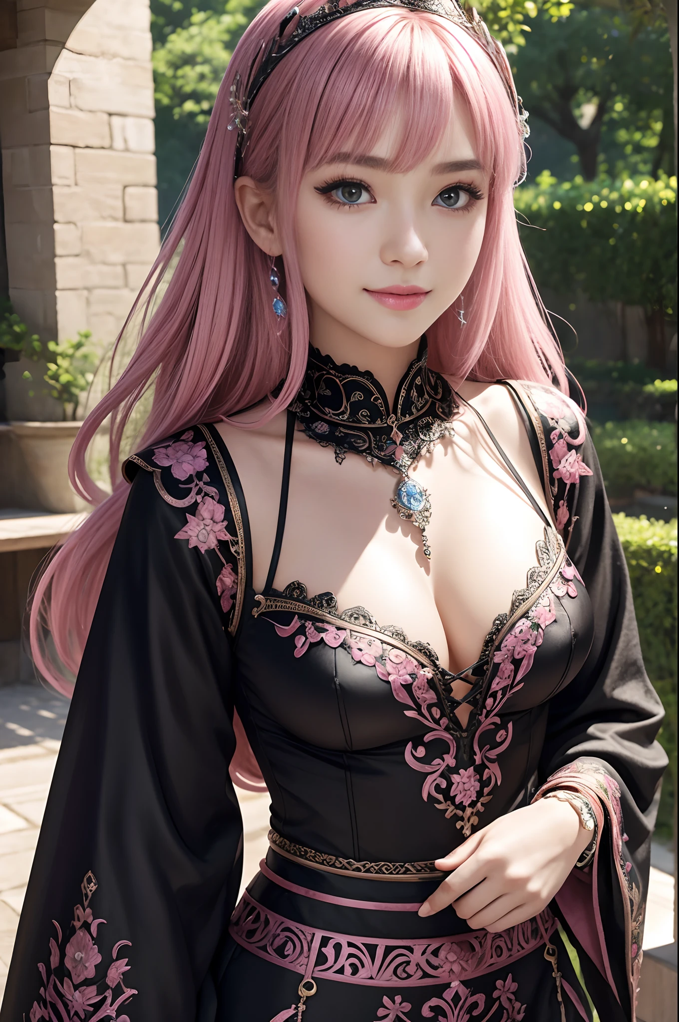 (dark shot:1.1)The whole body of the princess,Sexy Princess Chest Armor(absurderes、hight resolution、ultra-detailliert)、One woman's whole body、Pink and Black Princess Chest Armor、Pink and black pants and leg armor、Big mature women、Princess in gorgeous chest armor、A pink-haired、Large mature woman with thin breasts、blue eyess、long-sleeve、fine eyes and detailed face、intricate detailes、BREAK Mosaic Art、Small Pieces、colorful tesserae、complex pattern、tiled designs、durable surfaces、Old fashioned technique BREAK macro photography、extreme close - up、intricate detailes、Enlarged texture、stunning clarity、Hidden beauty、Immersive perspective breaks、artisanal creations、Handmade Products、unique designs、intricate detailes、Creative expression、skilled craftsmanship、enchanted、enchanted、enchanted、enchanted、English Garden、a smile、More about chest armor,