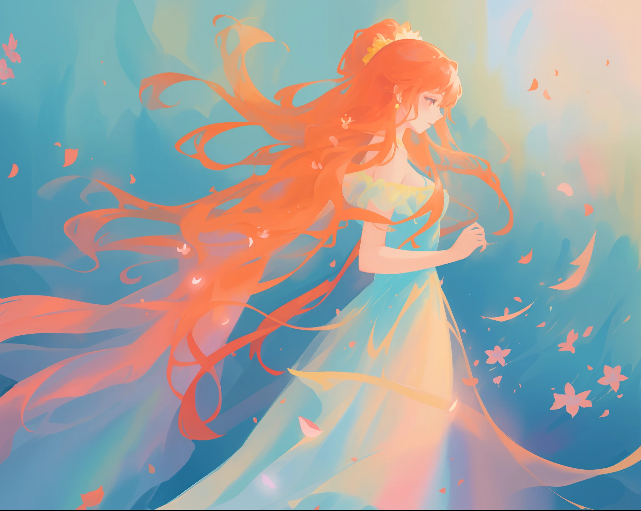 beautiful girl in flowing shimmering dress, fairy dress, long red hair, magical, whimsical, watercolor illustration, flowers and colorful plants, inspired by Glen Keane, inspired by Lois van Baarle, disney art style, by Lois van Baarle, glowing aura around her, by Glen Keane, jen bartel, glowing lights! digital painting, flowing glowing hair, glowing flowing hair, beautiful digital illustration, fantasia otherworldly landscape plants flowers, beautiful, masterpiece, best quality, anime disney style