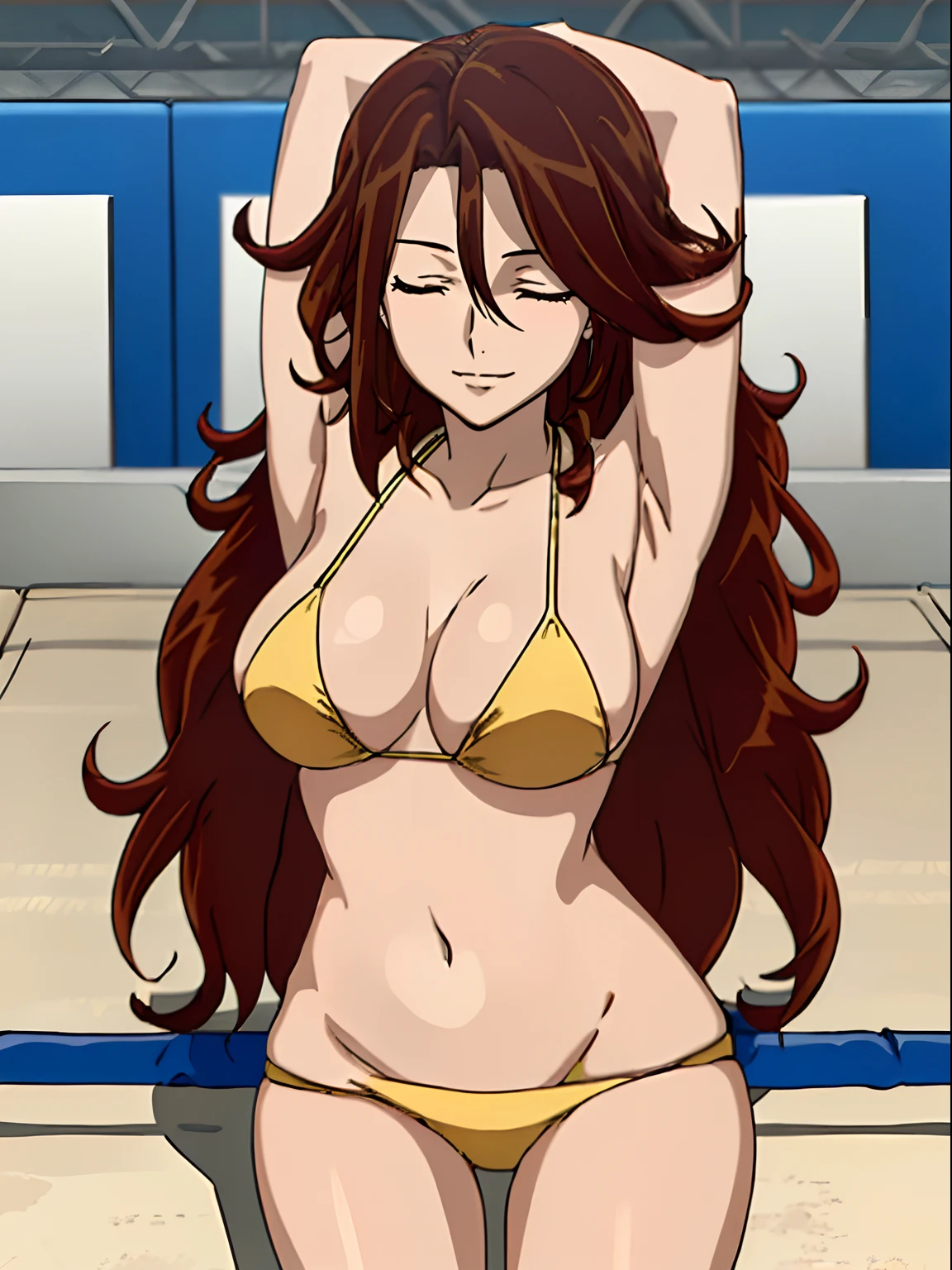 Elegant lady, anime style: 1.8, anime drawing, ultra detailed face, ultra detailed body, 4k, Sumergai Lee Noriega, ((sleeping down on wrestling ring floor, lying down on wrestling ring floor), closed eyes), best quality, anime style, hires, highest definition, digital blending, bold drawing lines, (location: beach, sunbathing), ( slim body, (little biceps), , off-shoulders, closed fists, (curvy: 2.8)), ((broken bikini, (chaps))), victorious, winner, gentle, (pale skin, shiny skin, very big breasts, smile), (big eyes, brown eyes), (brown hair, loose hair), 27 years old,