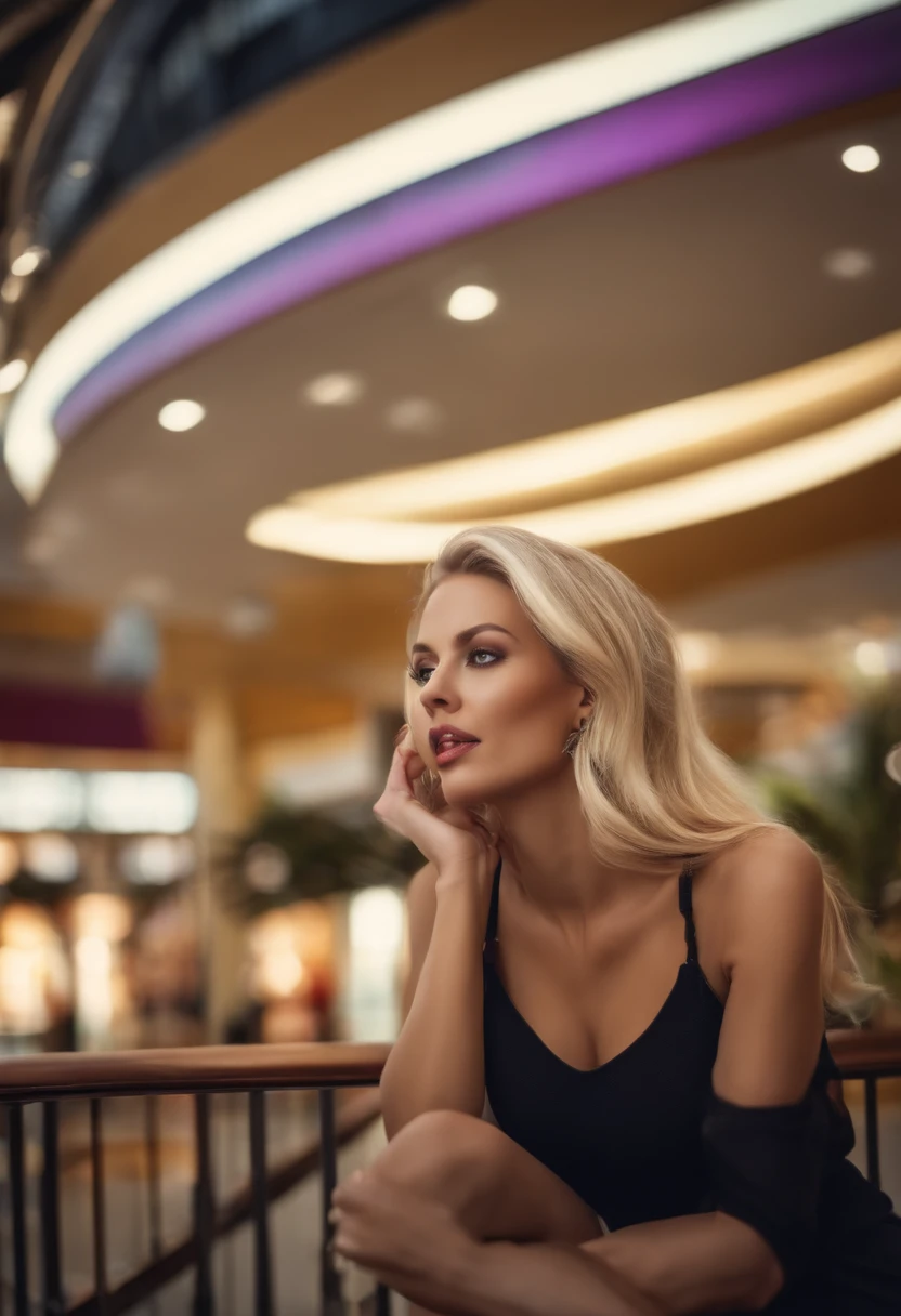 Realistic photo of blond woman sucking a big dick looking horny in the middle of a shopping center