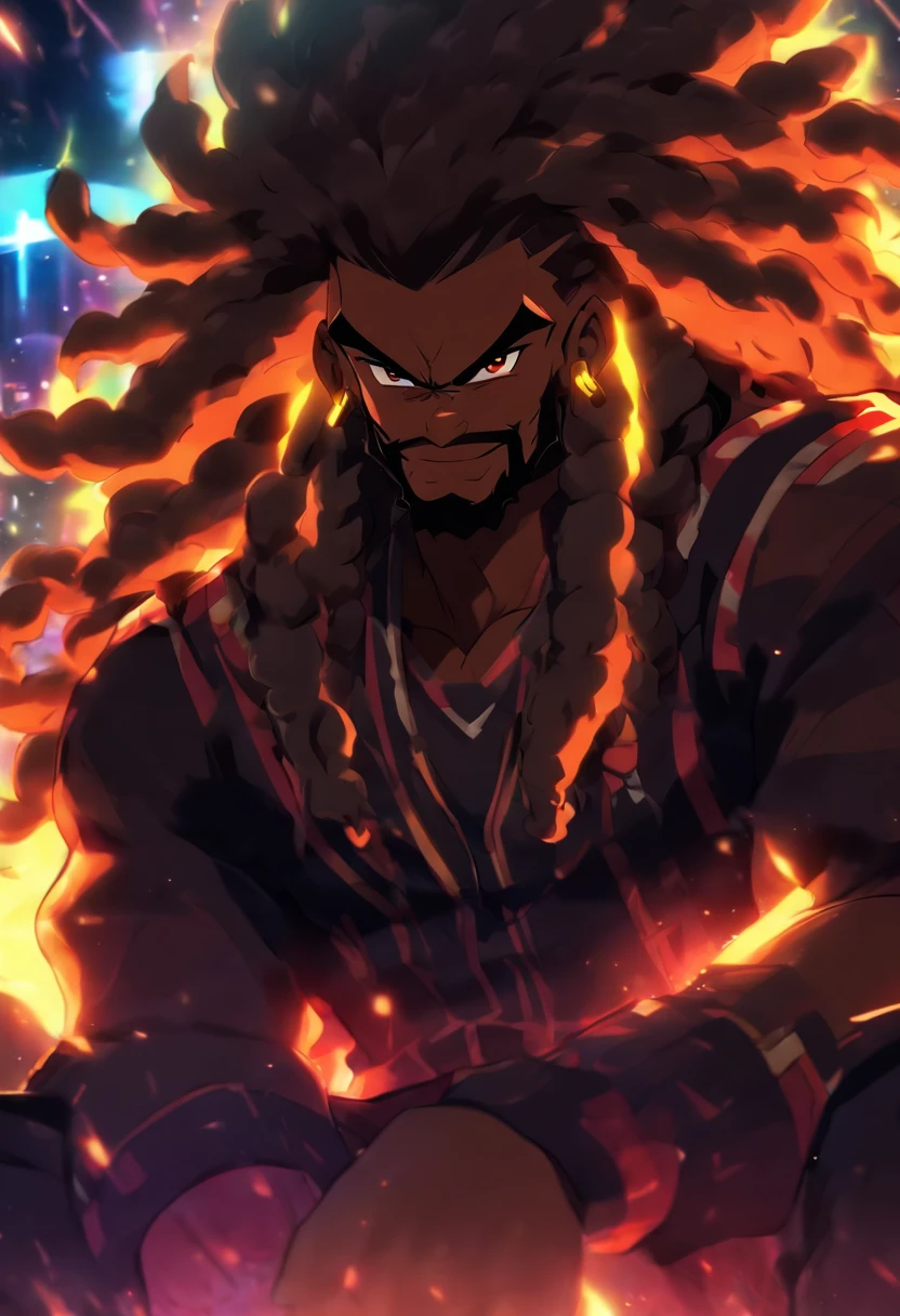 chunky black man, long rasta hair, fluffy beard, sitting in a gaming chair, glowing brown eyes, cheeky grin, high resolution,