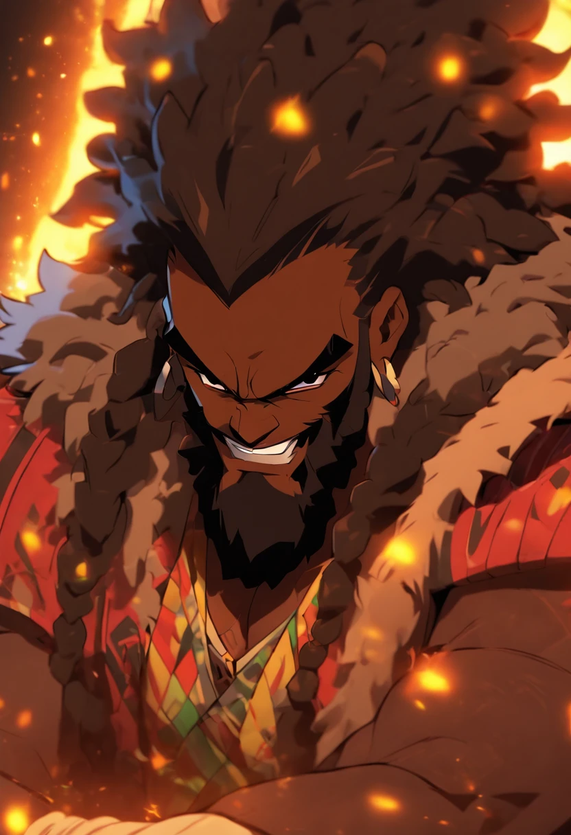 chunky black man, long rasta hair, fluffy beard, sitting in a gaming chair, glowing brown eyes, cheeky grin, high resolution,
